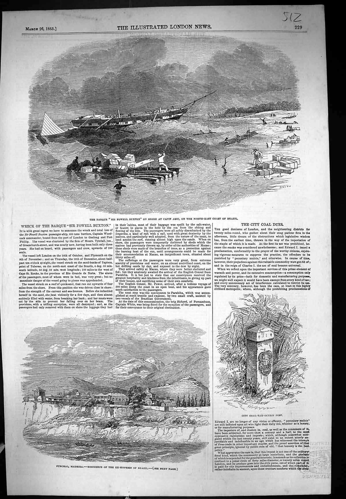 Old 1853 Barque Powell Buxton Ship Capin Assu Brazil Funchal Madeira Victorian
