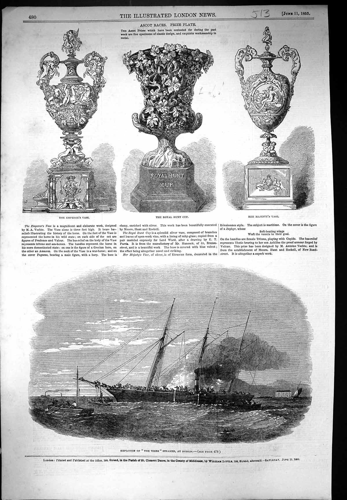 Old 1853 Explosion Times Steamer Ship Dublin Ascot Race Plate Emperor Victorian