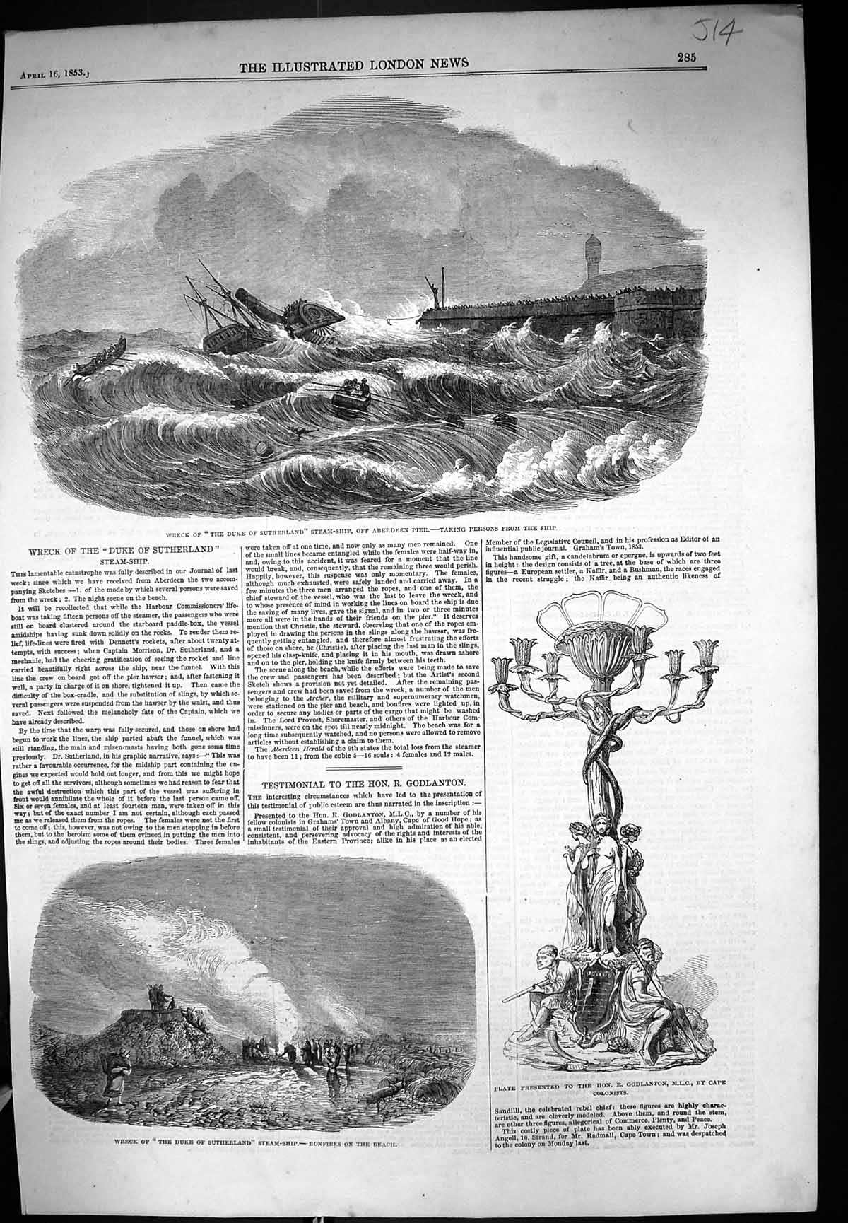 Old 1853 Ship Wreck Duke Sutherland Aberdeen Godlanton Plate Cape Col Victorian