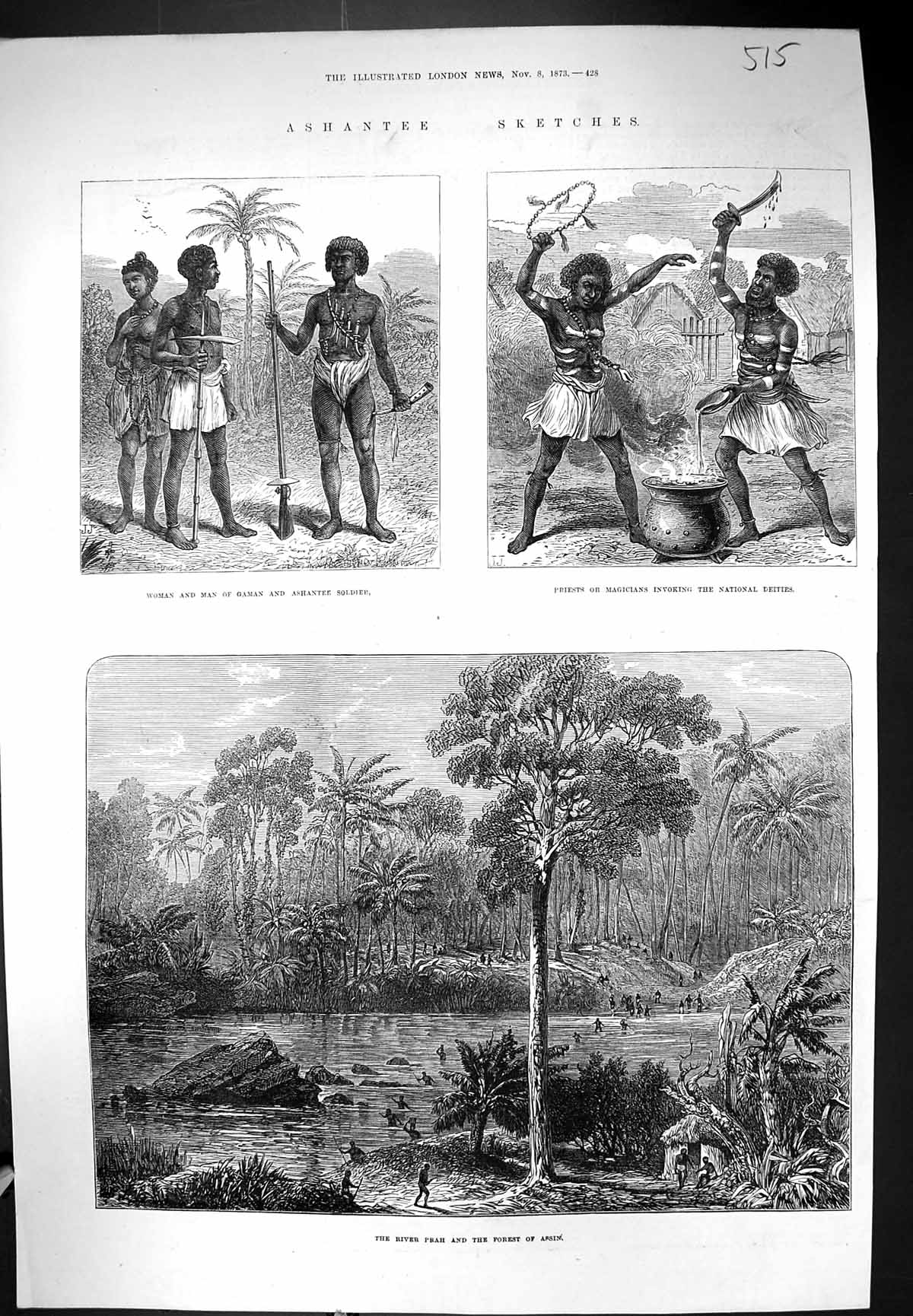 Old Print 1873 River Prah Forest Assin Ashantee Gaman Sier Priests Deiti 19th