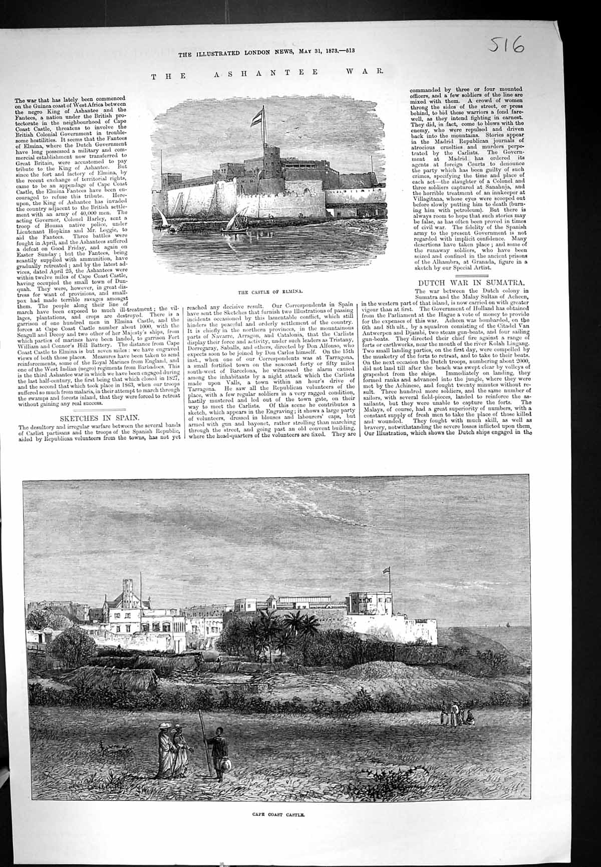 Antique Old Print 1873 Castle Elmina Ashantee War Cape Coast Castle Africa 19th