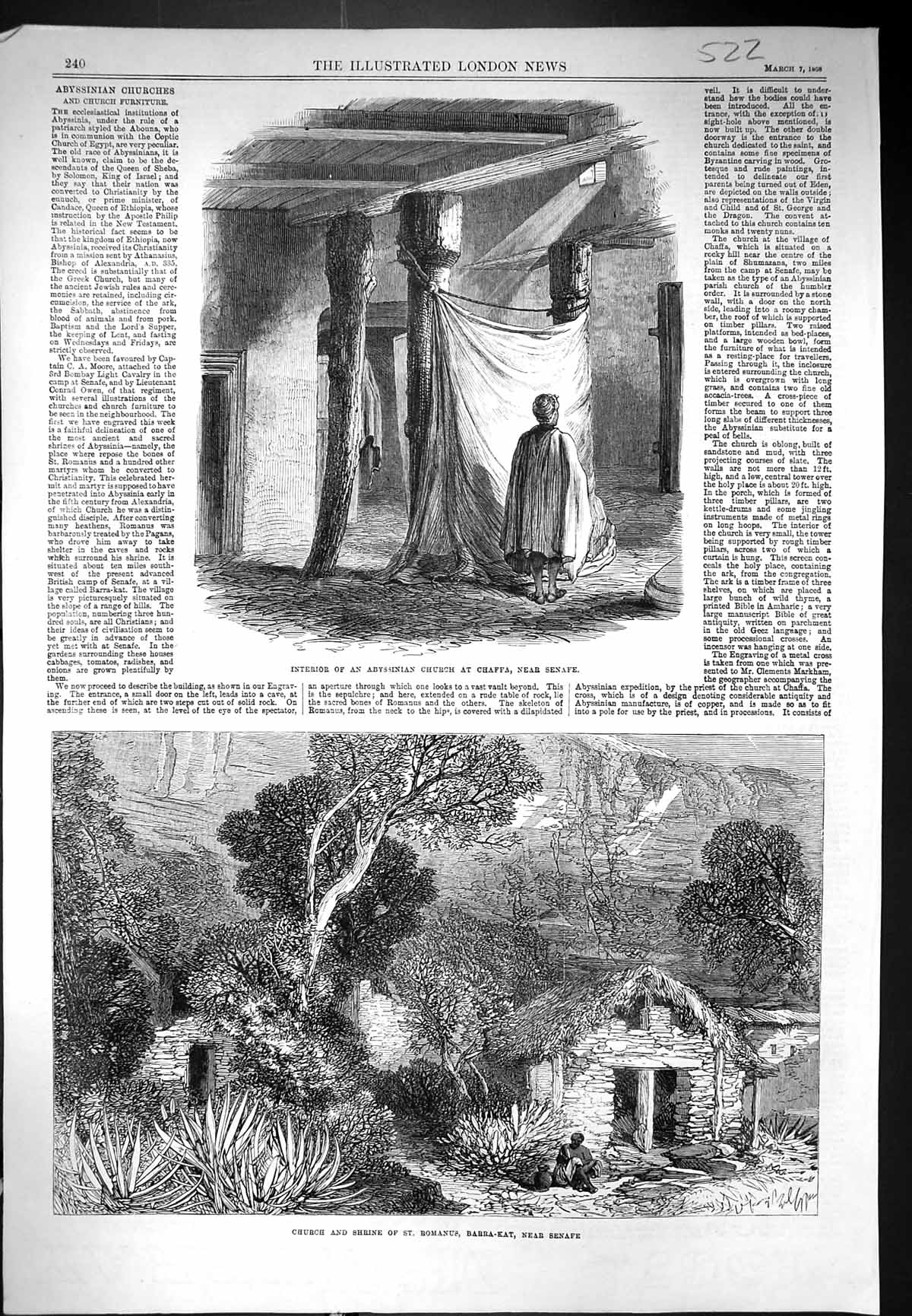 Old 1868 Interior Abyssinian Church Chaffa Senafe Shrine Romanus Barr Victorian