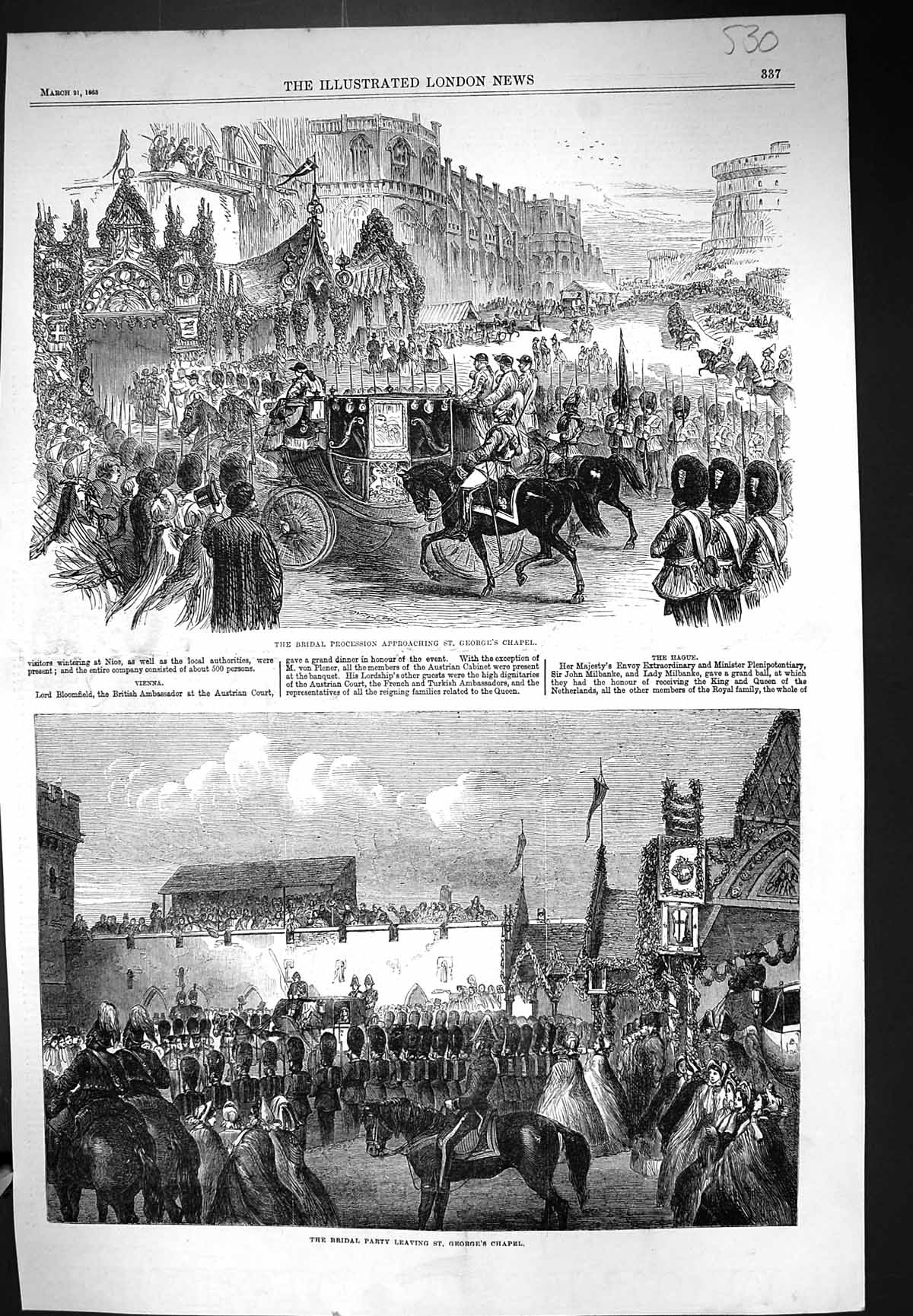 Old Print 1863 Bridal Procession Royal Wedding St. George'S Chapel London 19th