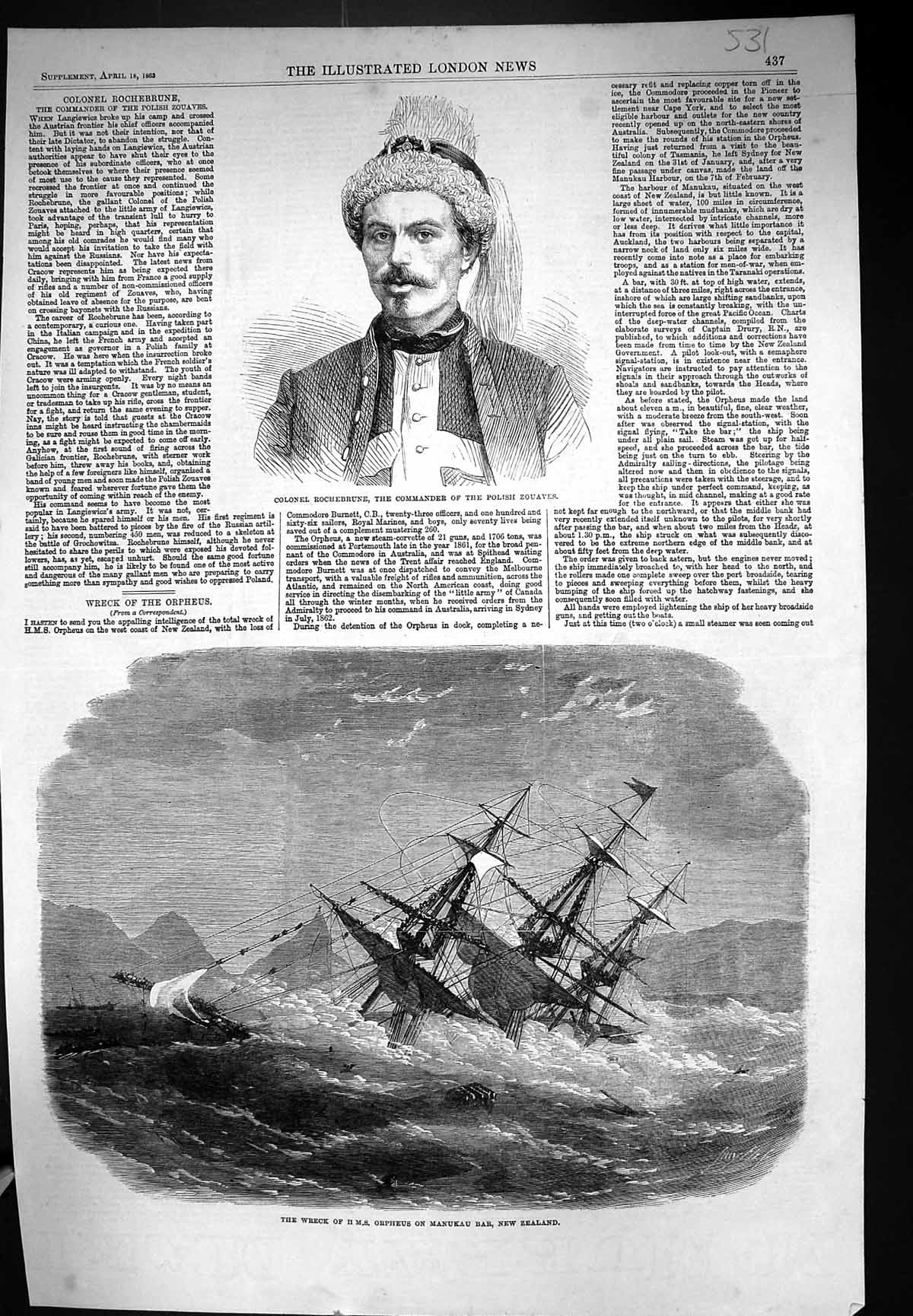 Old 1863 Colonel Rochebrune Polish Zouaves Ship Wreck Orpheus Manukau Victorian