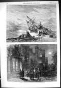 Old 1859 Christmas Seaside Scene Ship Wreck Manor House Carol Singing Victorian
