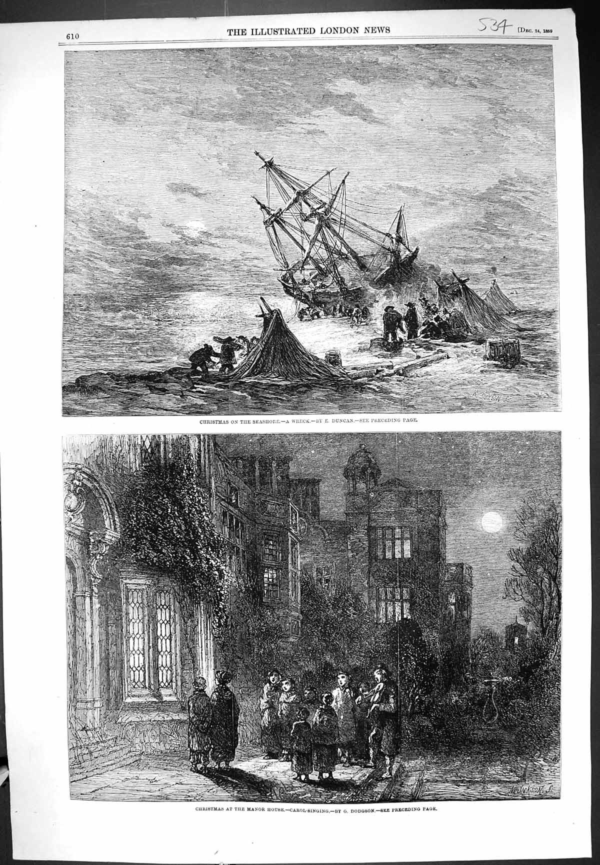 Old 1859 Christmas Seaside Scene Ship Wreck Manor House Carol Singing Victorian