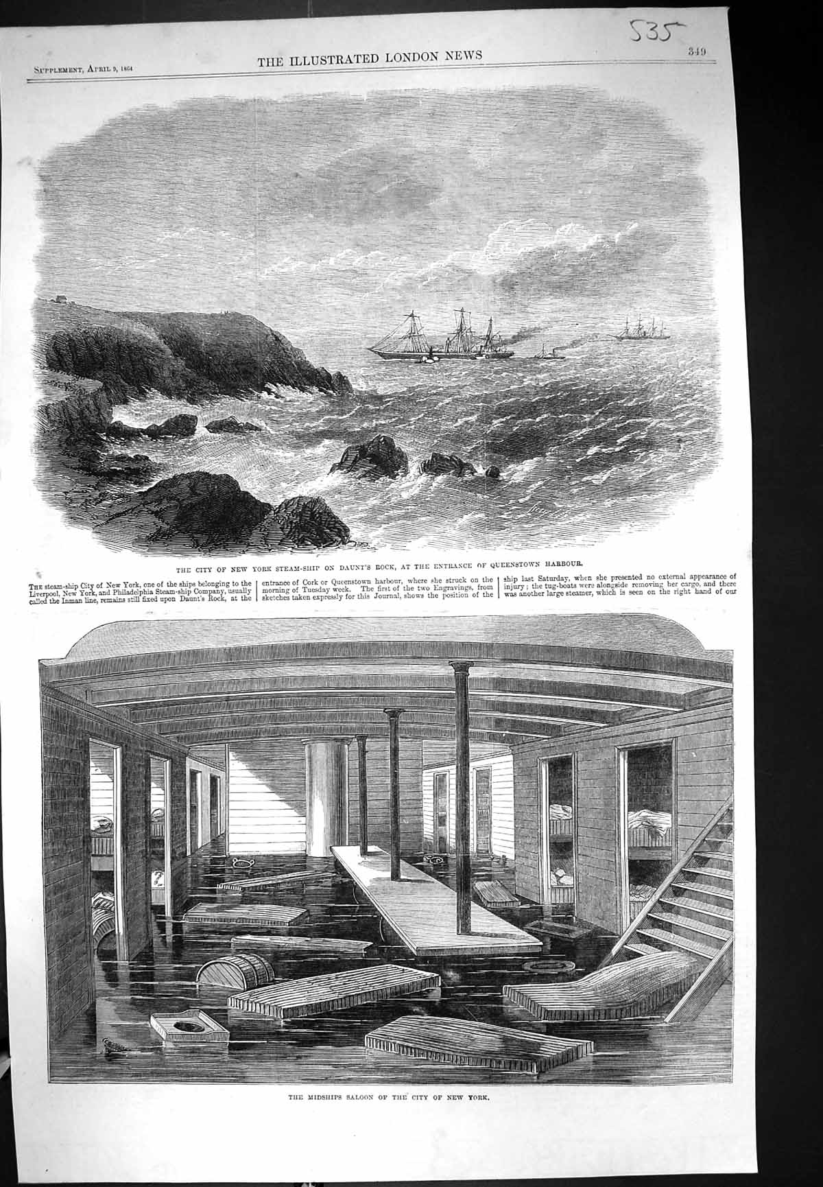 Old 1864 City New York Steam Ship Daunt'S Rock Queenstown Harbour Mid Victorian