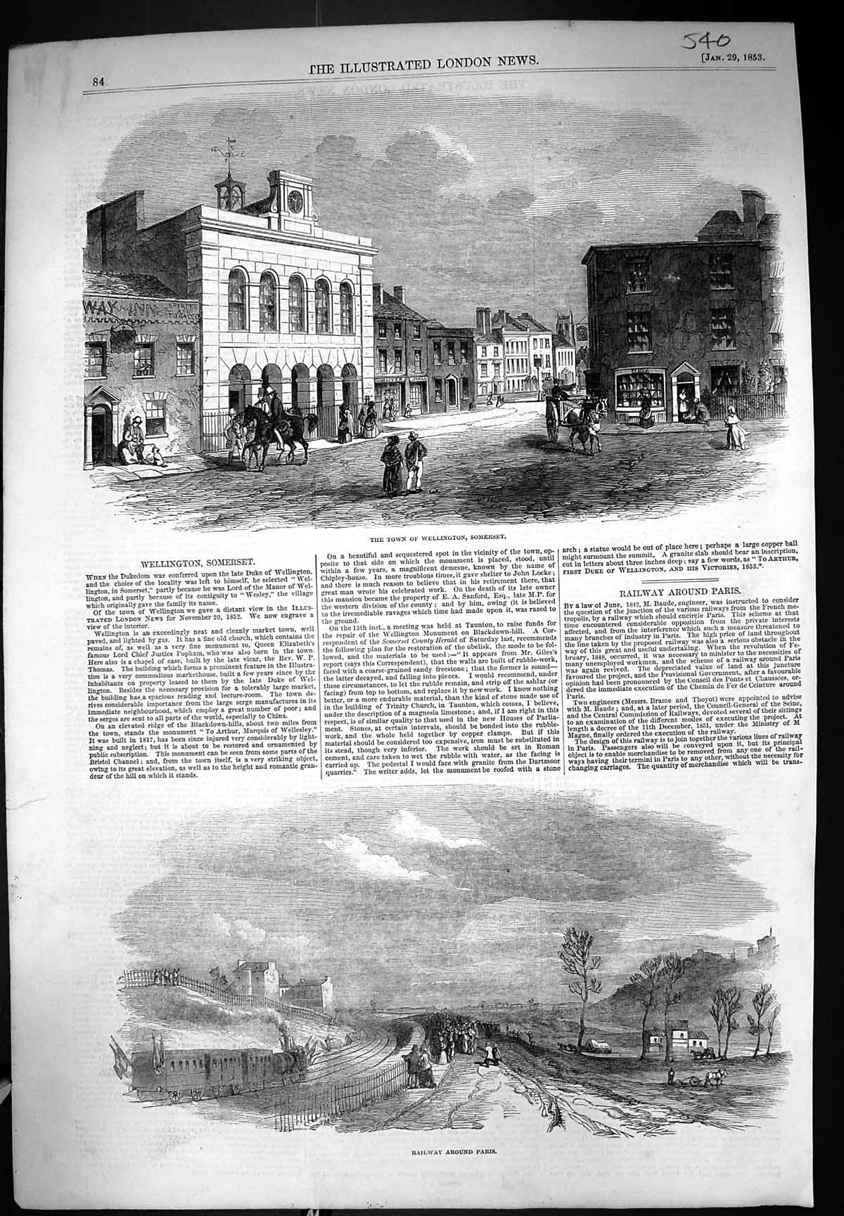 Old 1853 Street Scene Town Wellington Somerset Railway Train Paris Fr Victorian