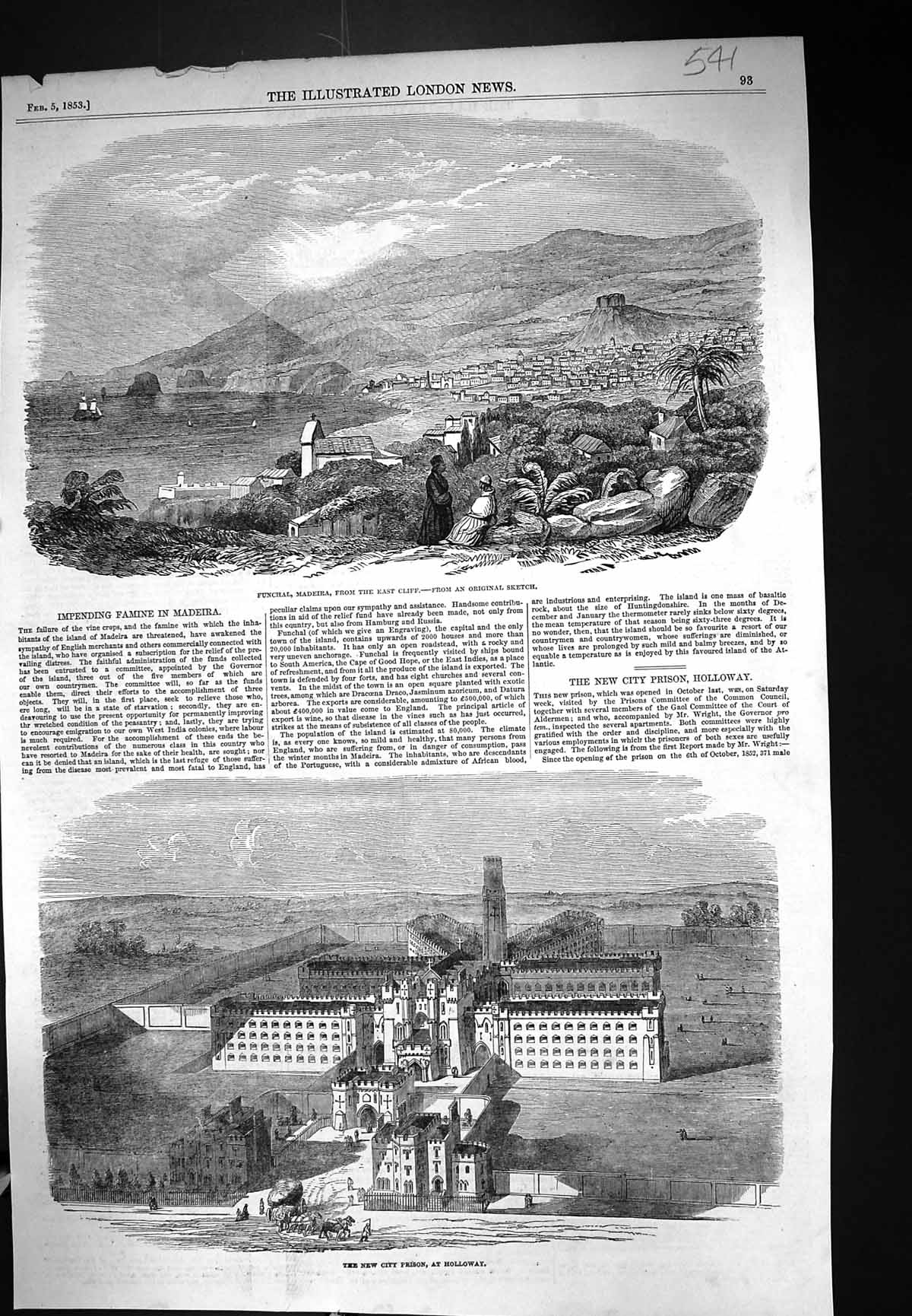Old Print 1853 View Funchal Madeira Exterior City Prison Holloway England 19th