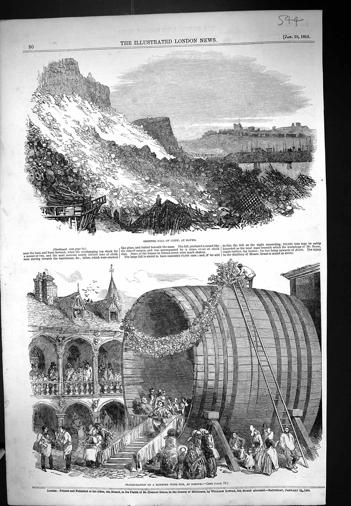 Old 1853 Cliff Fall Dover Inauguration Monster Wine Tun Dieppe France Victorian