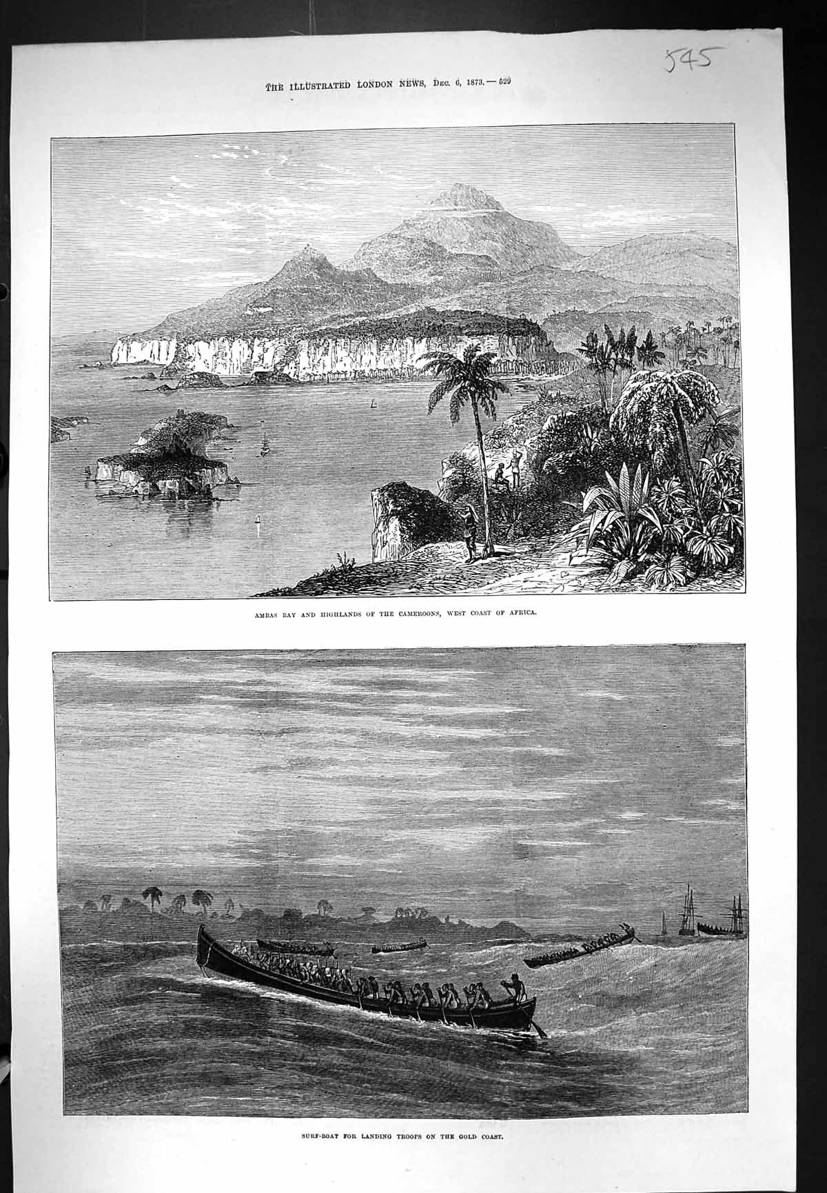 Antique Print 1873 Ambas Bay Highlands Cameroons Africa Surf-Boat Troops GC