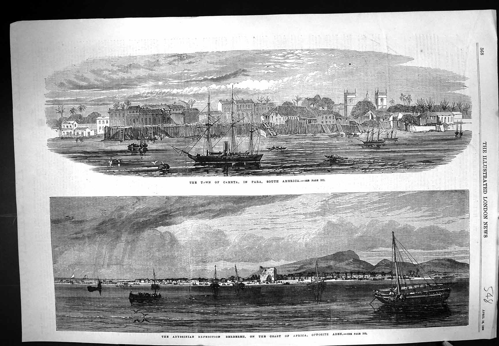 Old 1868 View Town Cameta Para South America Ships Abyssinia Berbereh Victorian