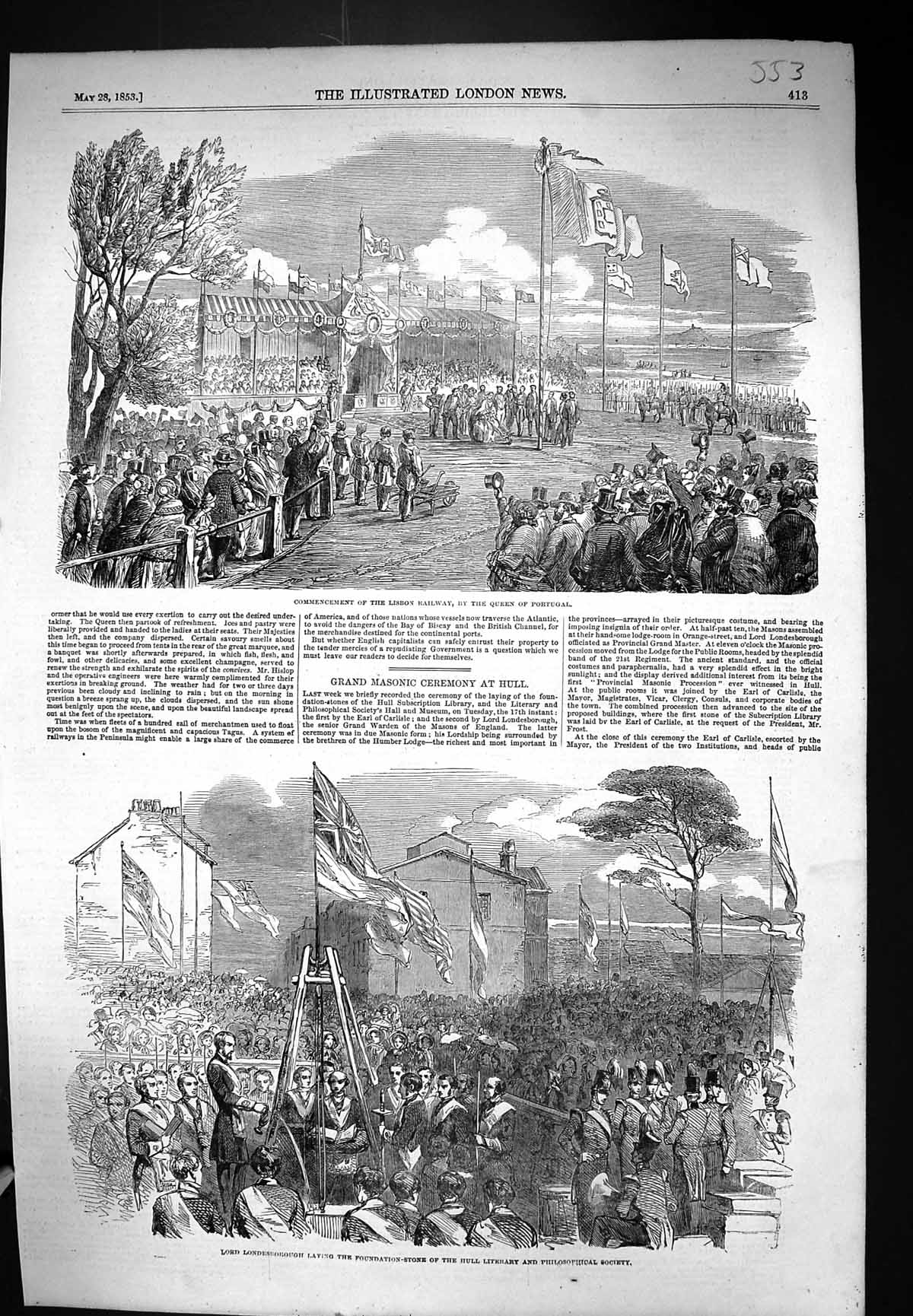 Old 1853 Commencement Lisbon Railway Queen Portugal Lord Londesboroug Victorian