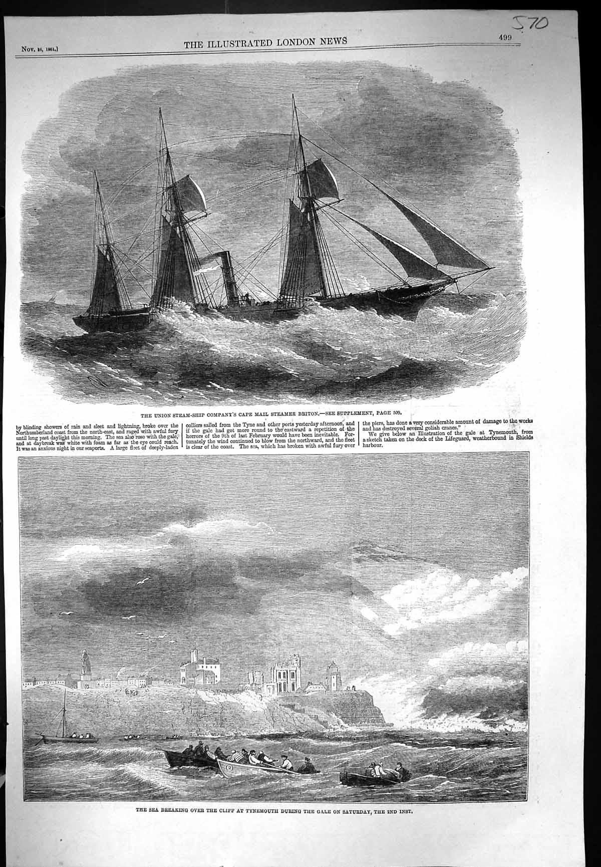 Old 1861 Union Steam Ship Cape Mail Steamer Briton Sea Cliff Tynemout Victorian