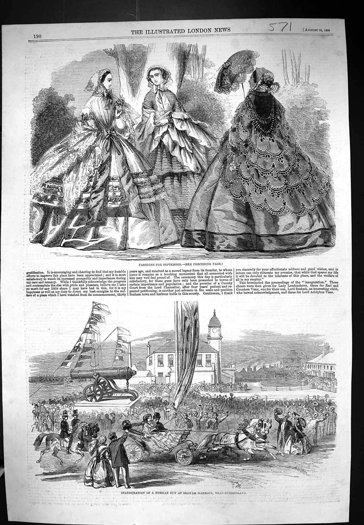 Old 1858 Ladies Fashion September Inauguration Russian Gun Seaham Har Victorian