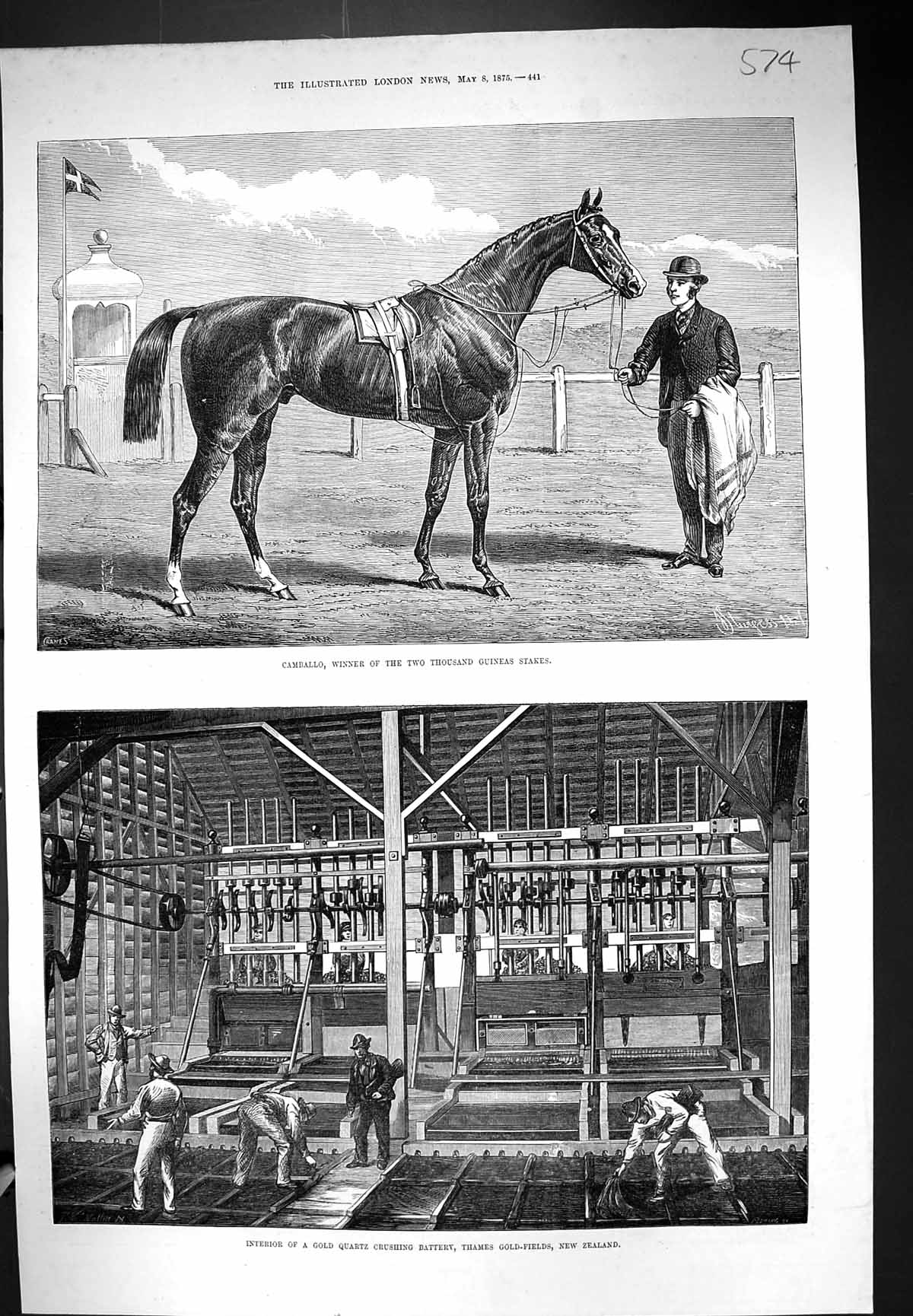 Antique Print 1875 Camballo Horse Guineas Stakes GQuartz Crushing Battery T