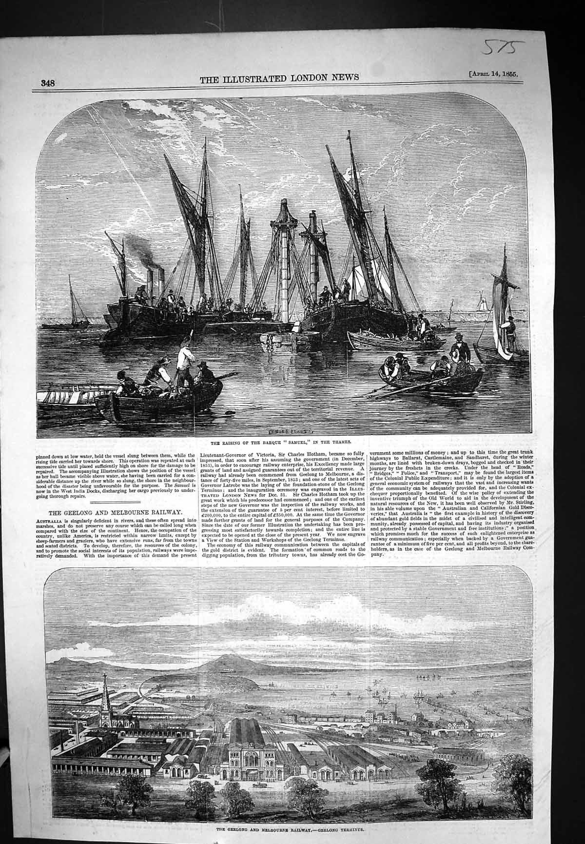 Old 1855 Raising Barque Samuel River Thames Geelong Melbourne Railway Victorian