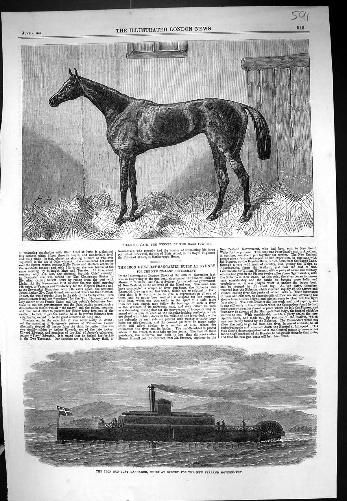 Old 1864 Horse Fille De L'Air Oaks Winner Iron Gun-Boat Ship Rangarir Victorian