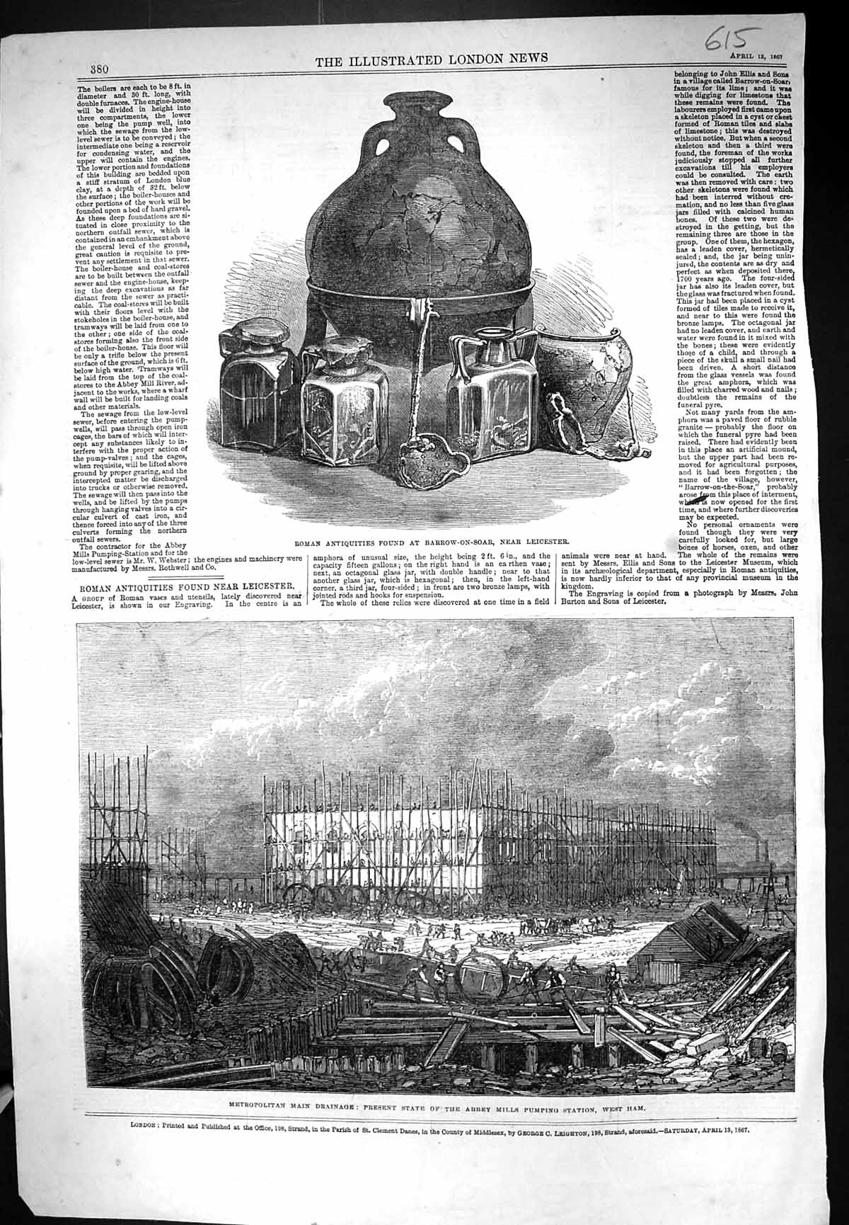 Old 1867 Roman Antiquities Barrow-On-Soar Leicester Abbey Mills Pumpi Victorian