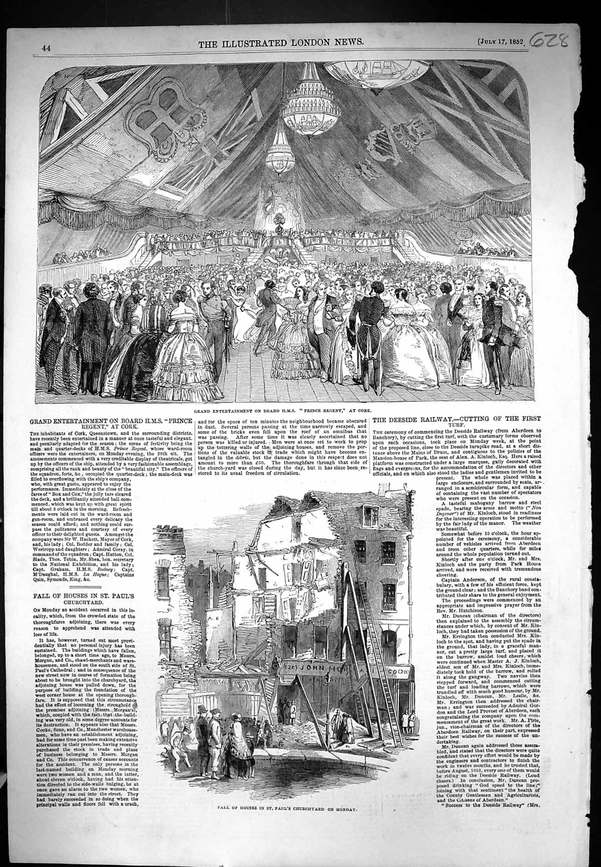 Old 1852 Entertainment H.M.S. Prince Regent Ship Cork Fall Houses Pau Victorian