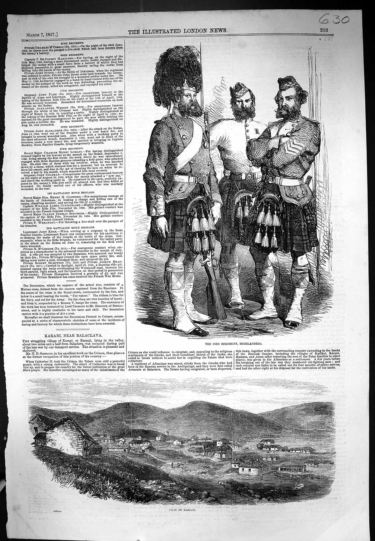Old Print 1857 War Siers 93Rd Regiment Highlanders View Karani Balaclava 19th