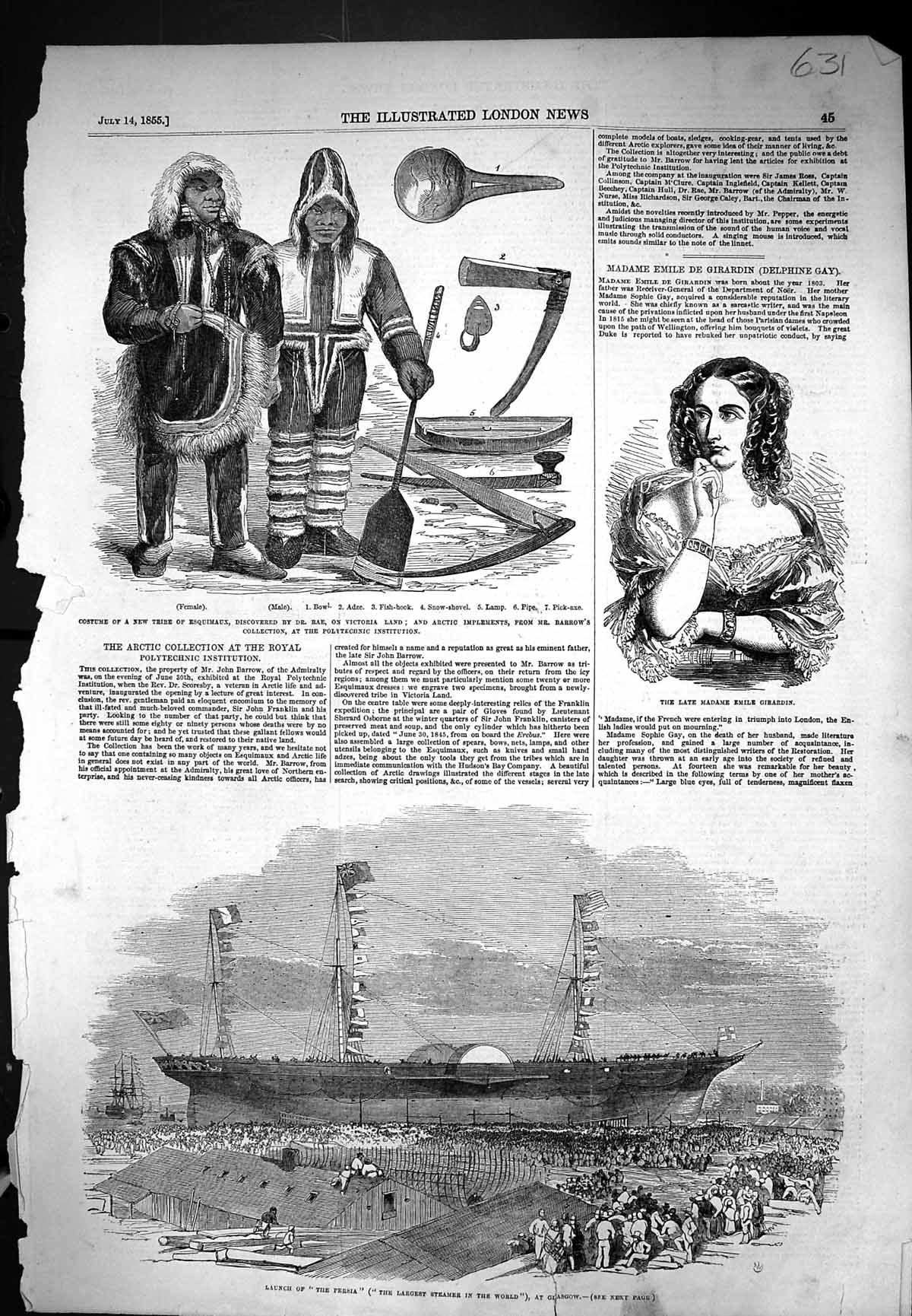 Old 1855 Launch Persia Ship Glasgow Madame Emile Girardin Esquimaux R Victorian