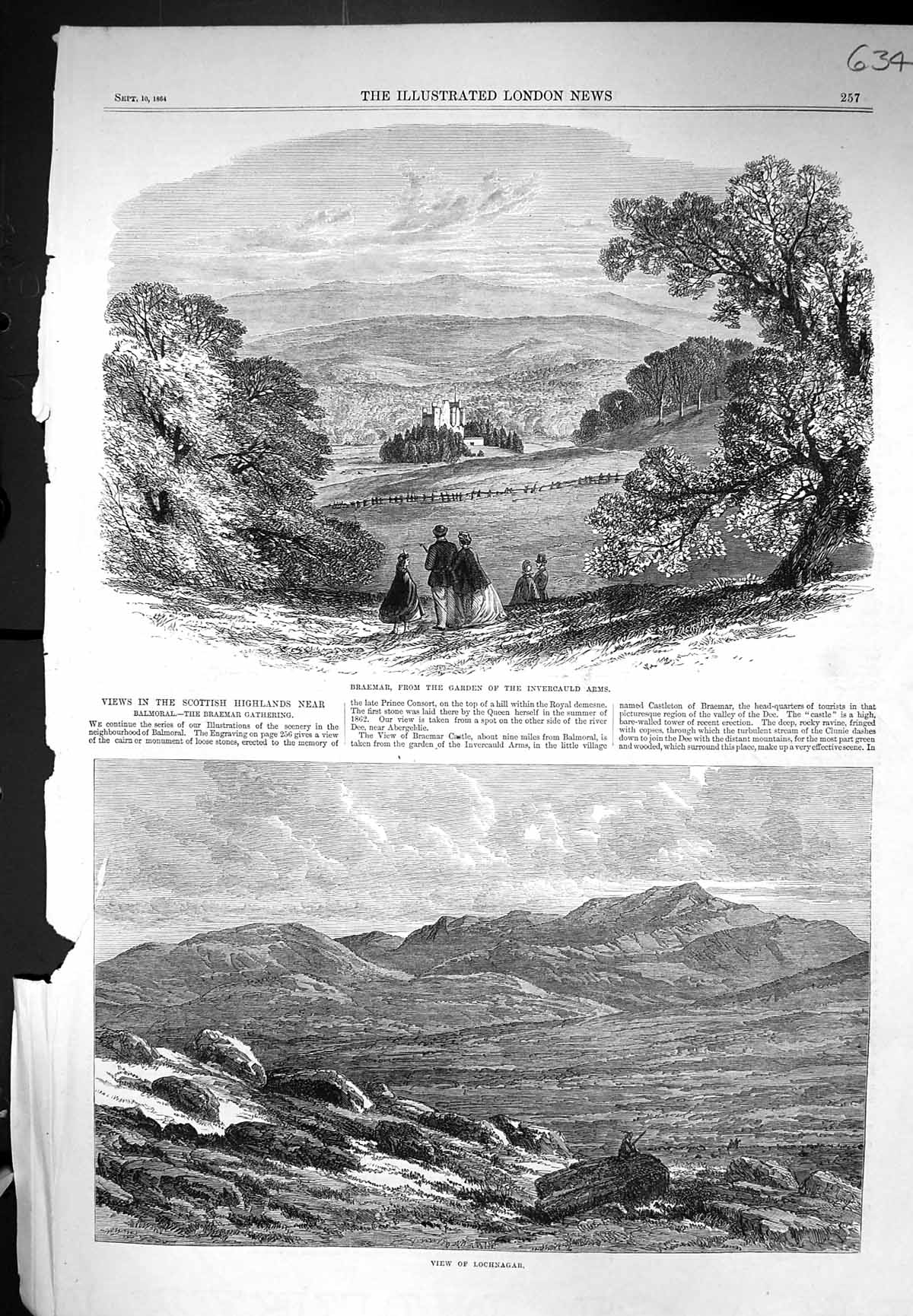 Old 1864 View Braemar Garden Invercauld Arms Lochnagar Scotland Mount Victorian