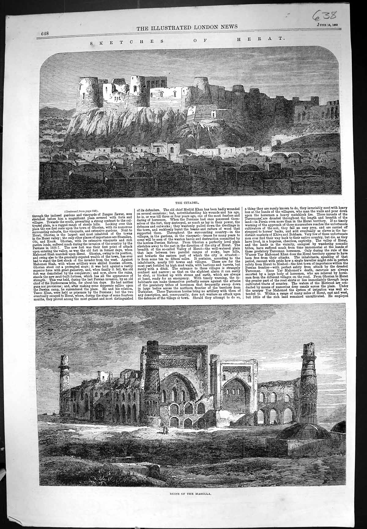 Antique Print 1863 Heart View Citadel Ruins Masella Architecture Buildings 19th