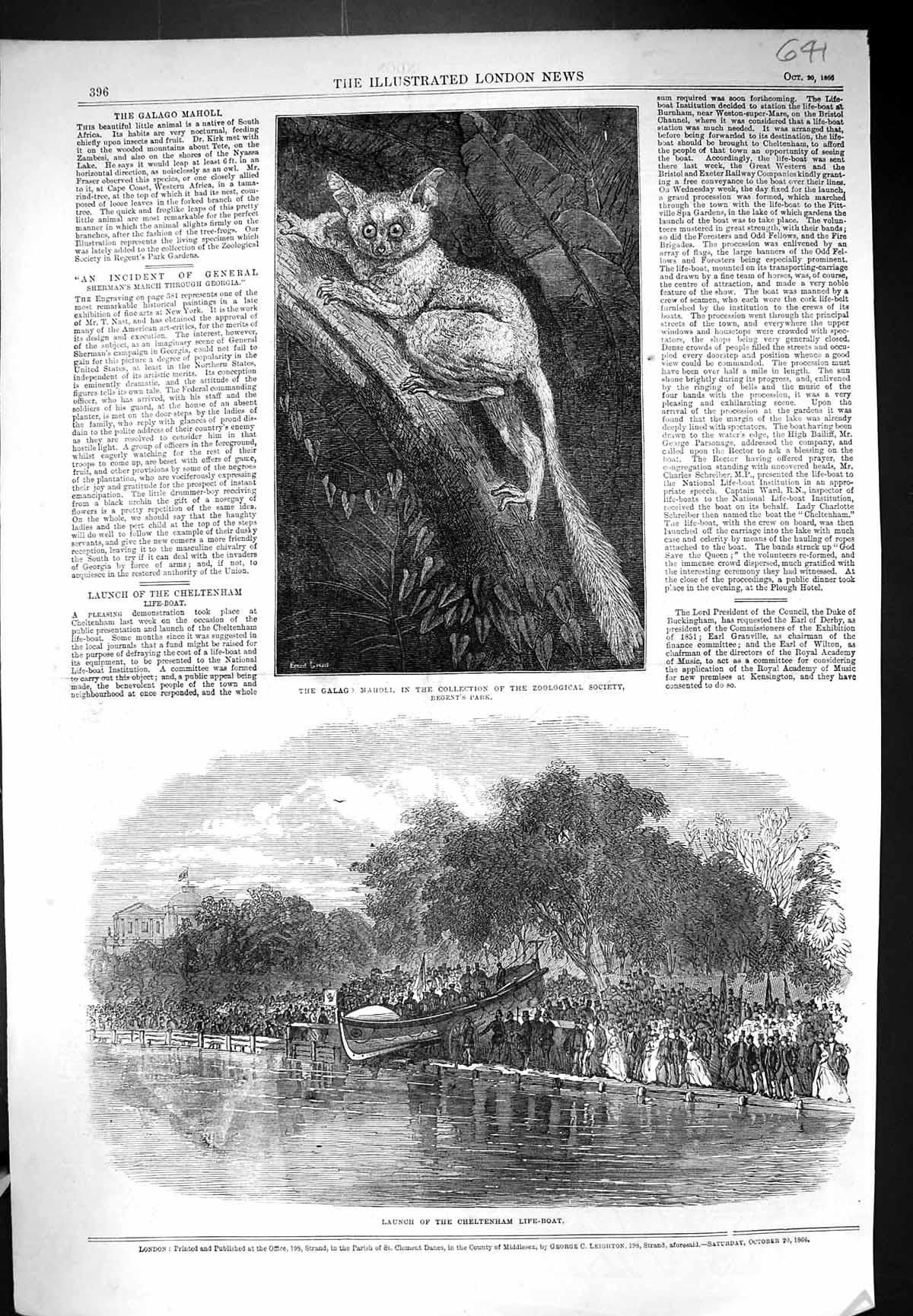 Antique Print 1866 Galago Maholl Regent'S Park Launch Cheltenham Life-Boat 19th