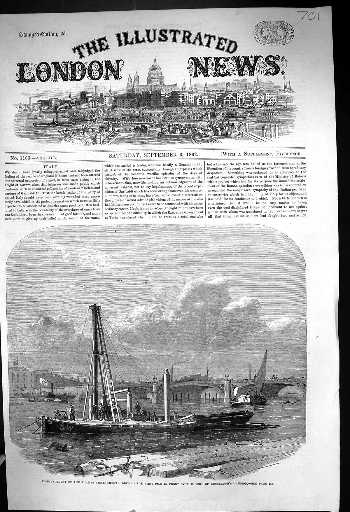 Old 1862 River Thames Embankment Driving Pile Duke Buccleuch Mansion Victorian