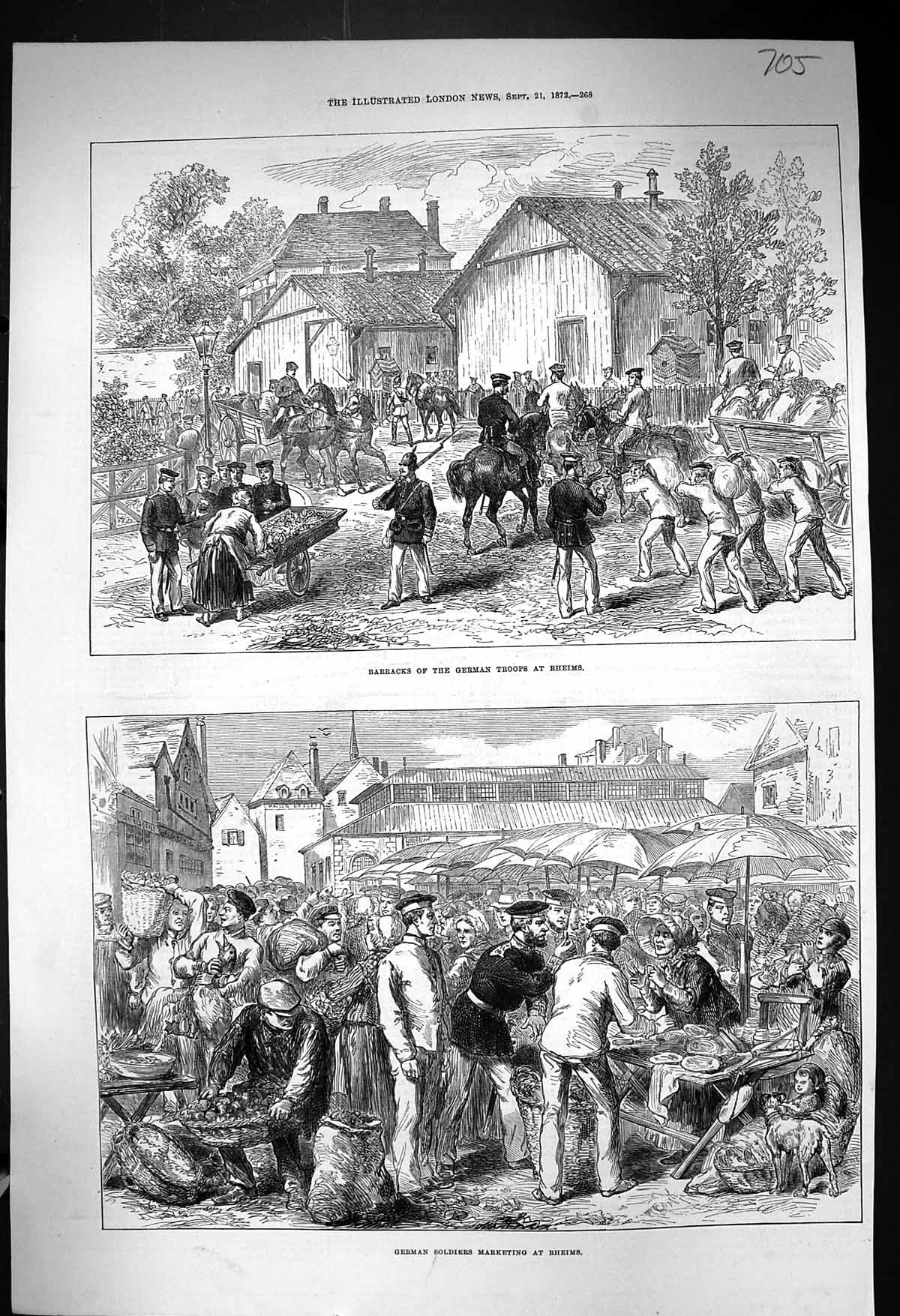 Antique Old Print 1872 Barracks German Siers Rheims Market Scene War Horses