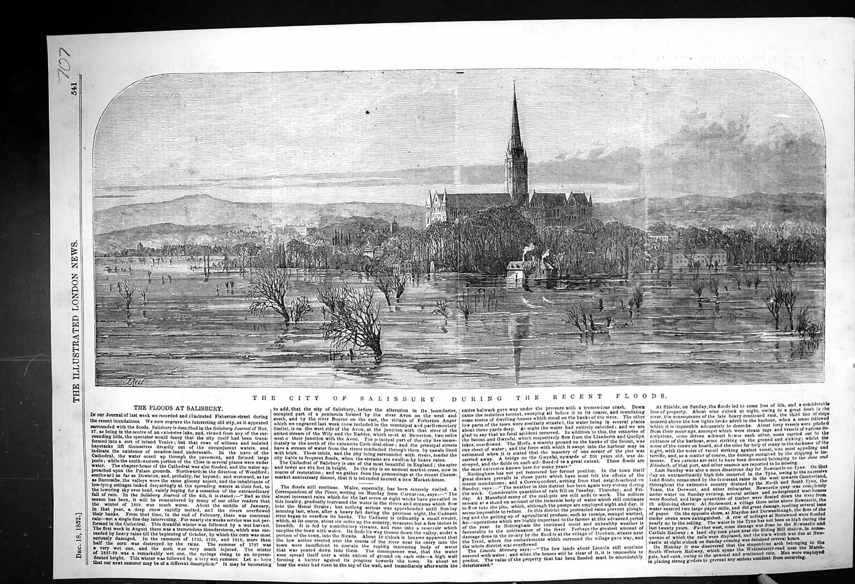 Old Print 1852 View City Salisbury England Floods Fisherton Street Church 19th