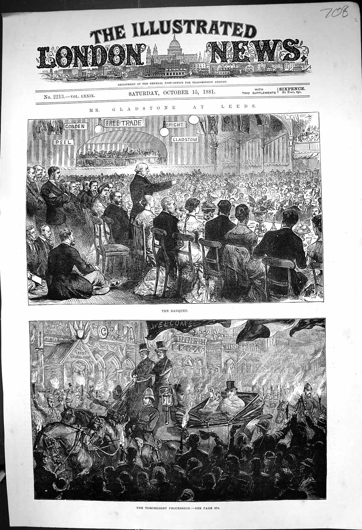 Original Old Antique Print 1881 Gladstone Leeds Banquet Torchlight Procession