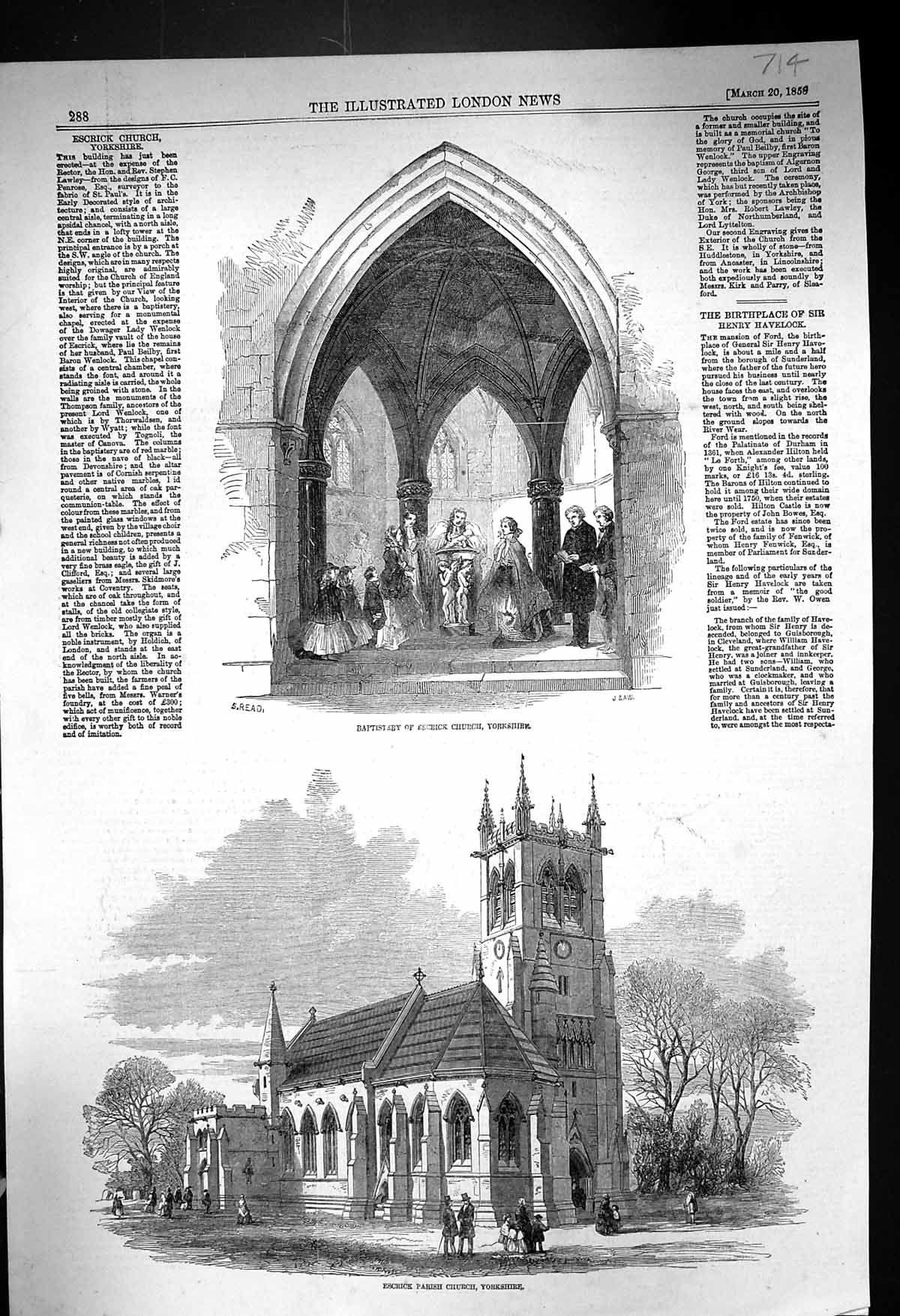 Original Old Antique Print 1858 Baptist Escrick Church Yorkshire Architecture