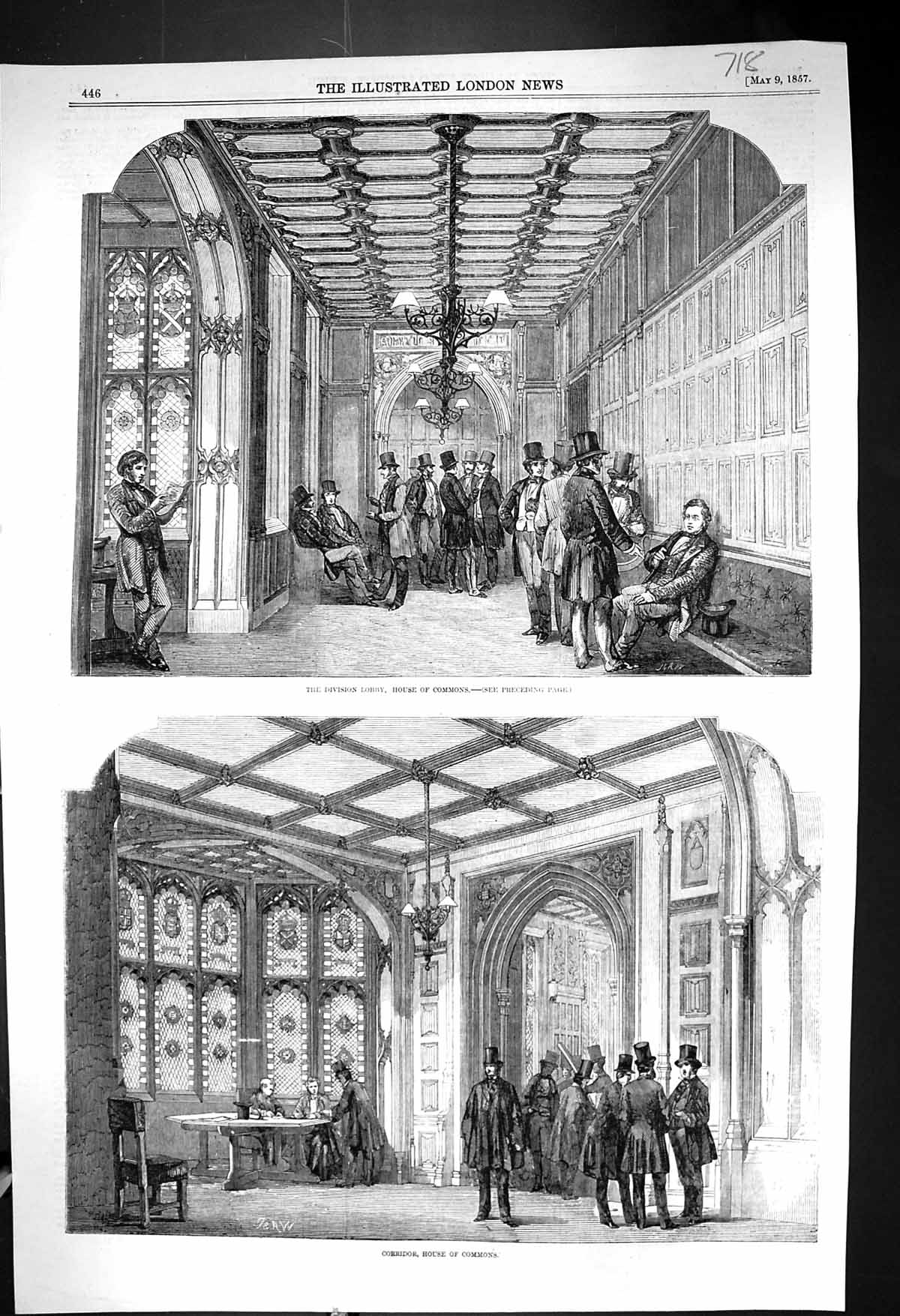Antique Old Print 1857 Division Lobby House Commons Corridor Men Parliament