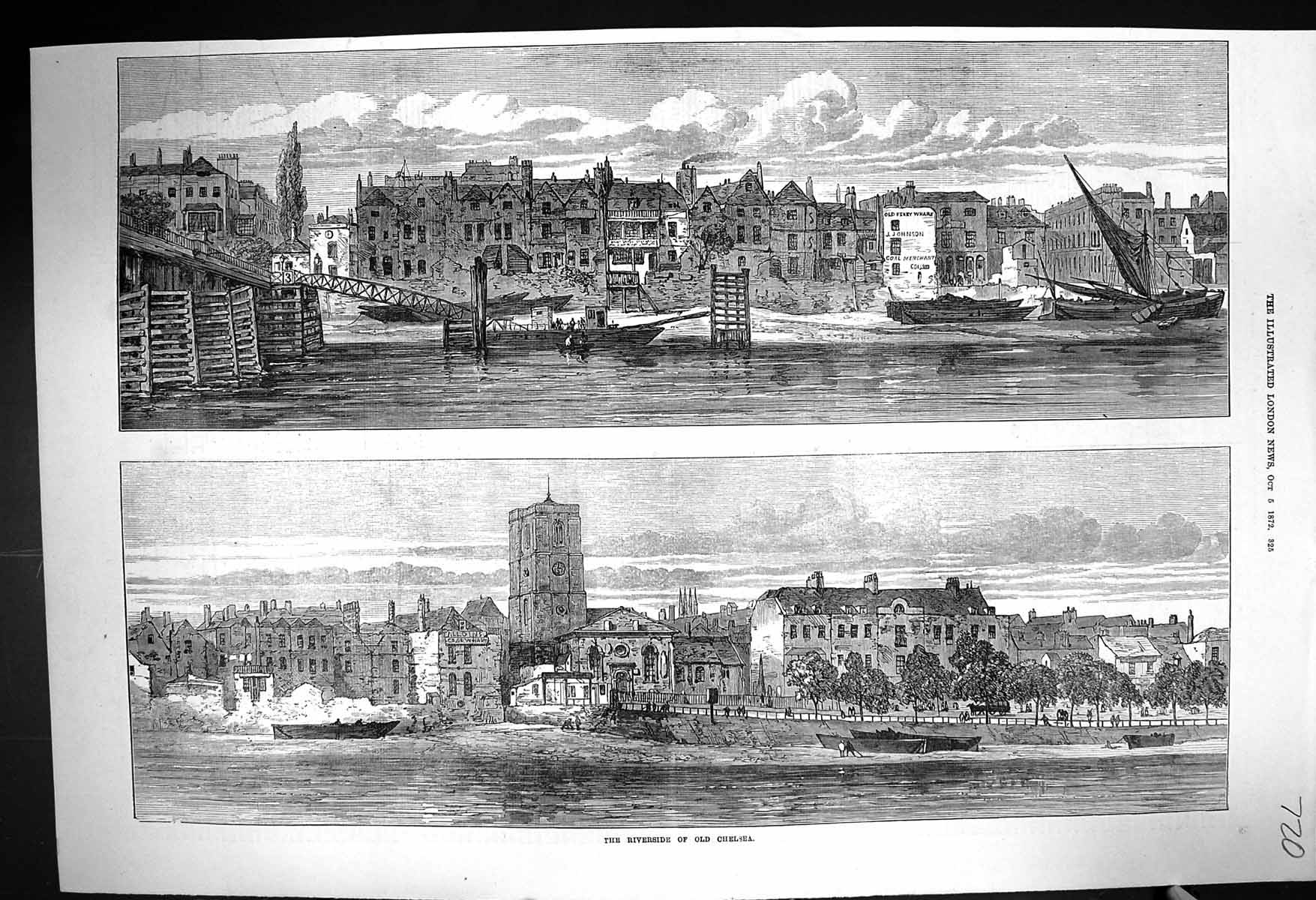 Original Old Antique Print 1872 View Riverside Chelsea River Boats England 19th