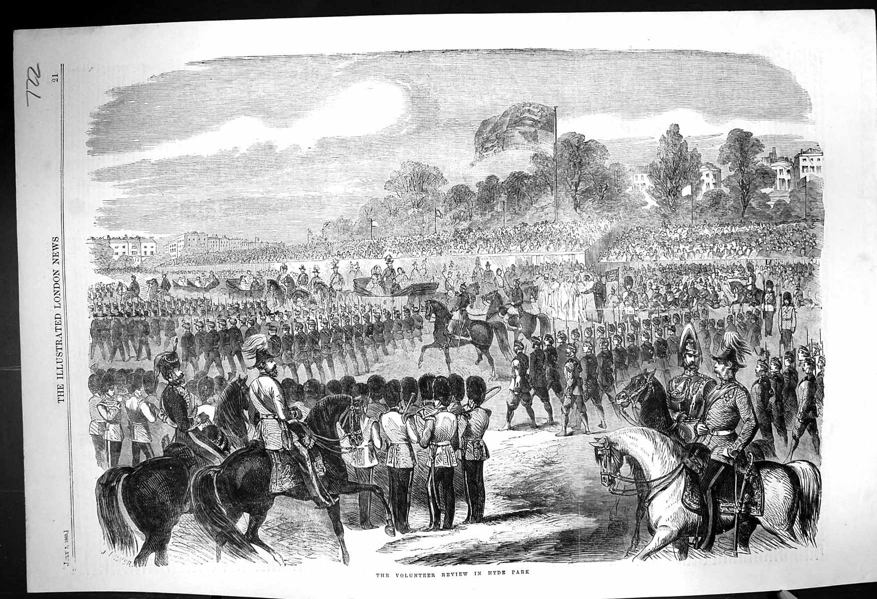 Old Antique Print 1860 Volunteer Review Hyde Park London War Siers Horses 19th