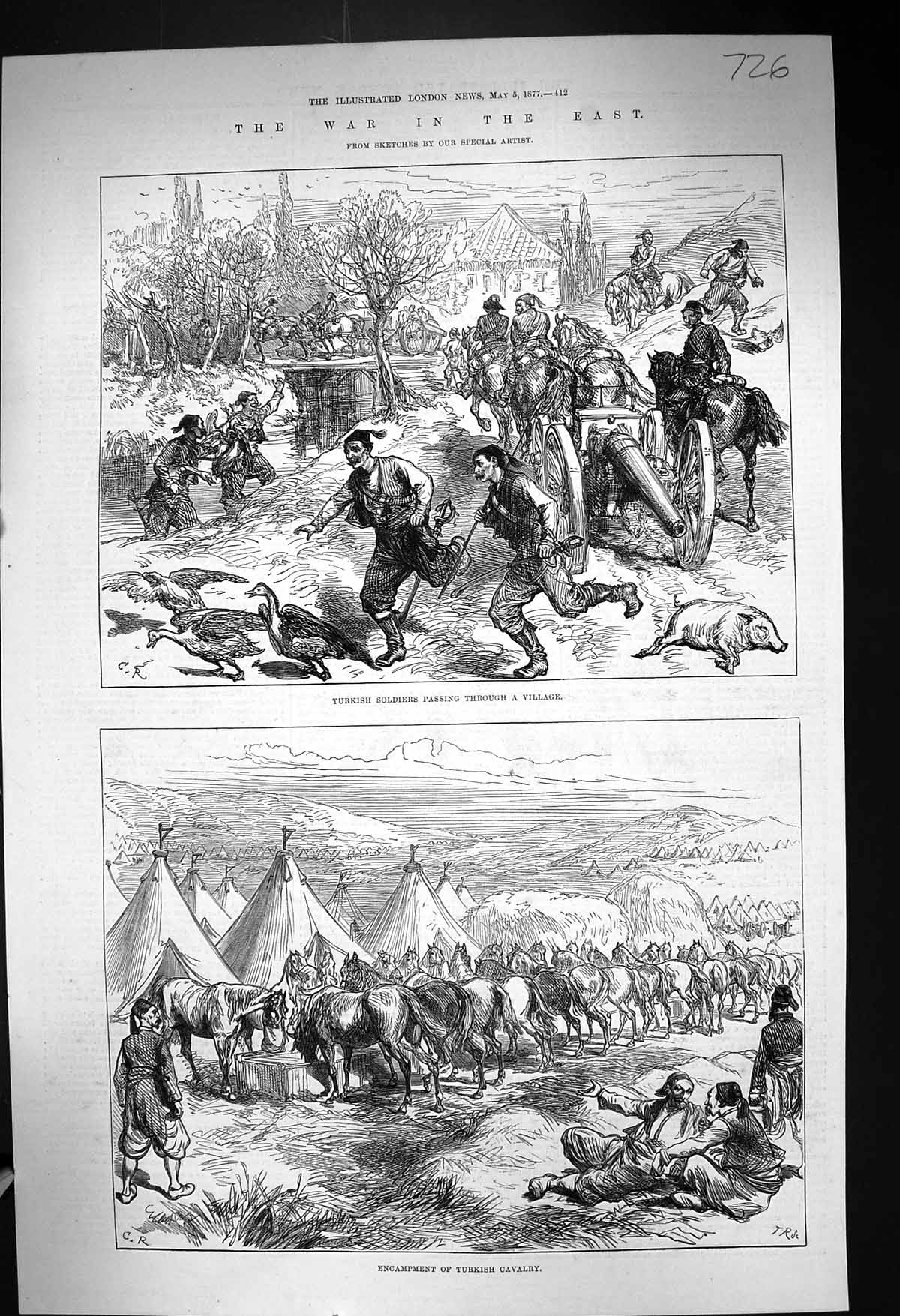 Old Antique Print 1877 War Turkish Siers Village Scene Encampment Cavalry 19th