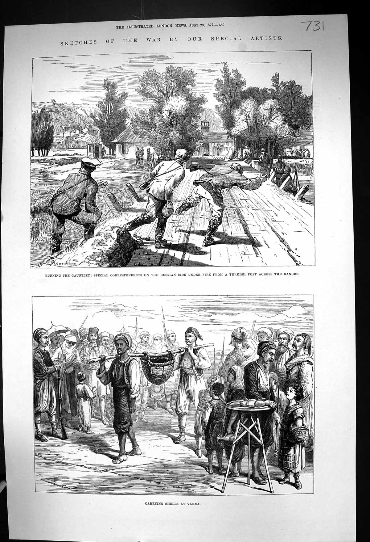 Old 1877 War Running Gauntlet Turkish Post Danube River Carrying Shel Victorian