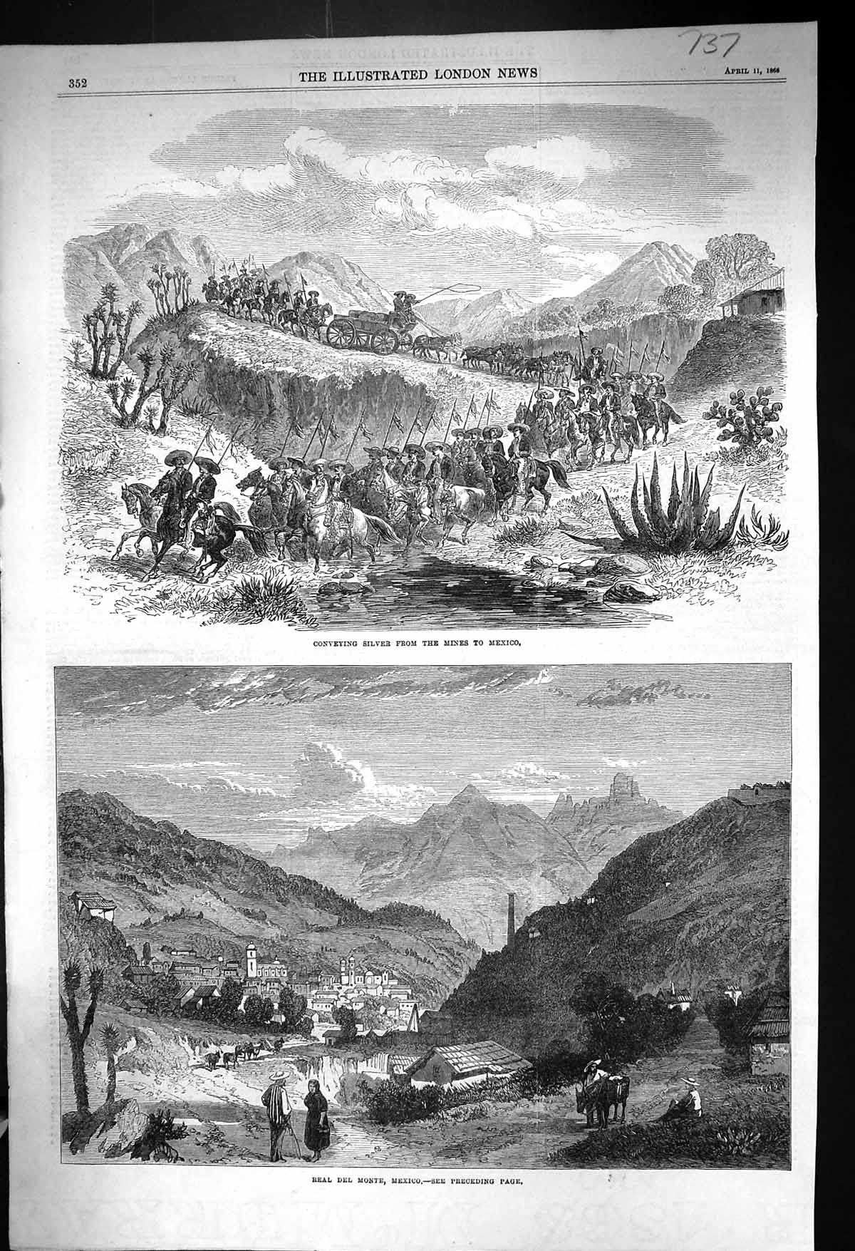 Old 1868 Conveying Silver Mines Mexico Mining View Real Del Monte Mou Victorian