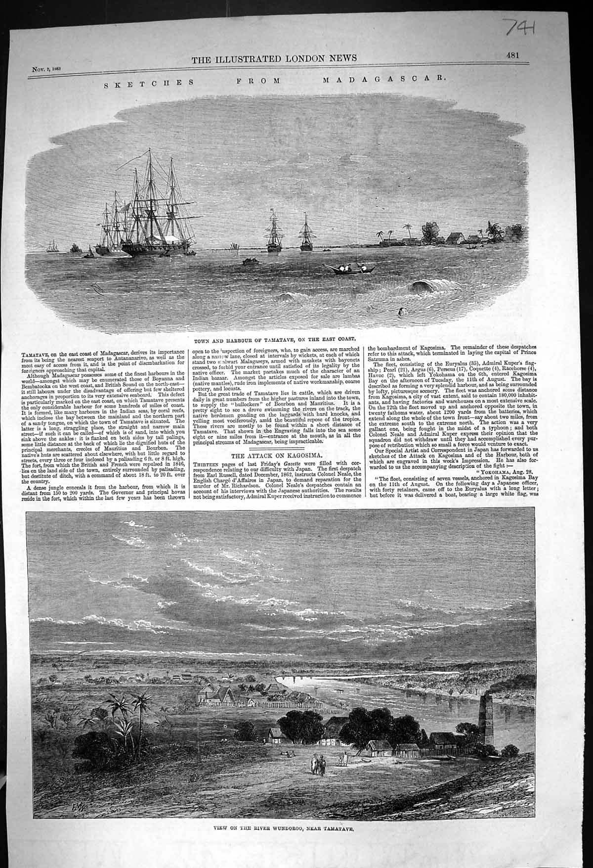 Antique Old Print 1863 Madagascar Town Harbour Tamatave Ships River Wundoroo