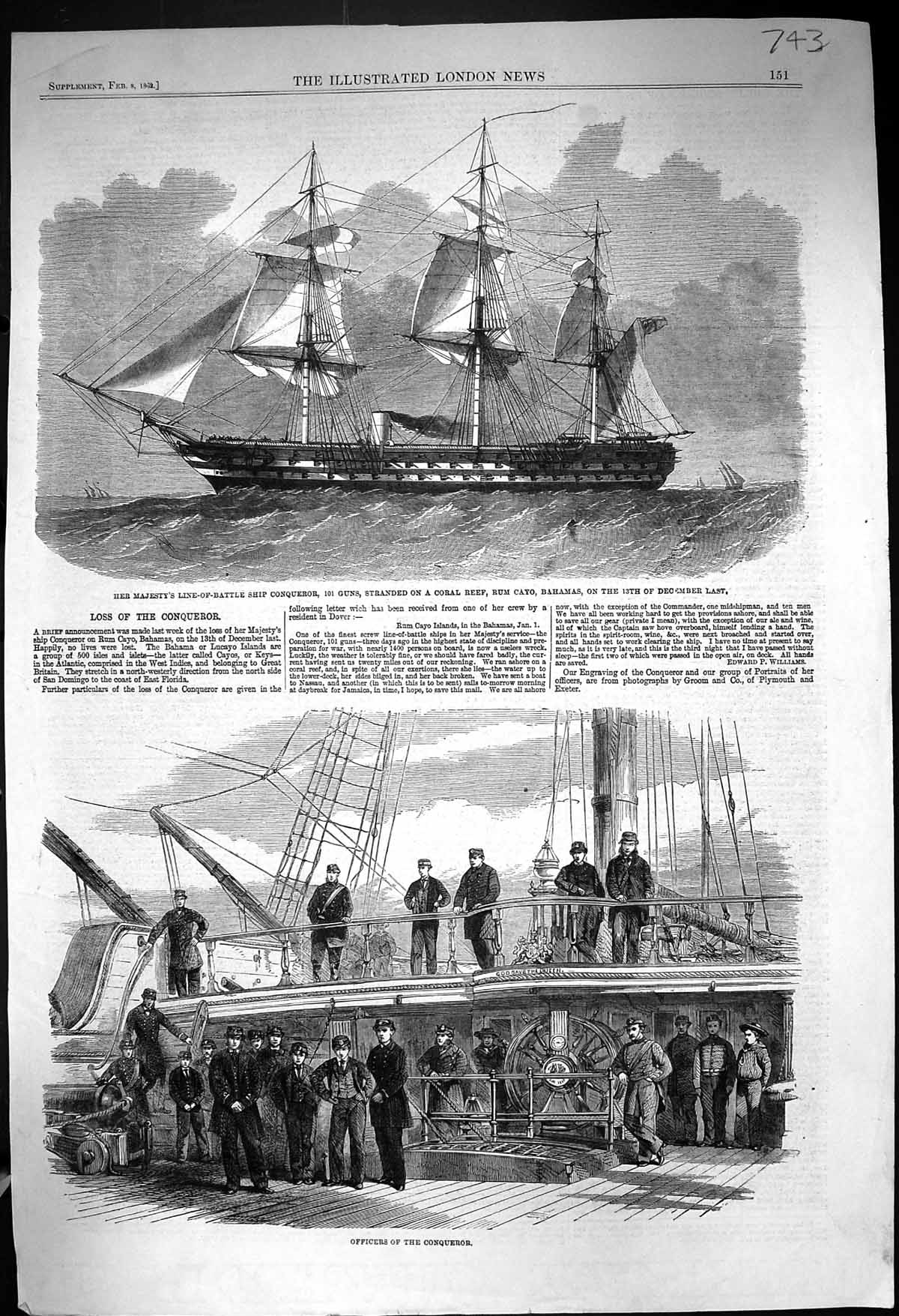 Old 1862 Line-Of-Battle Ship Conqueror Coral Reef Bahamas Officers De Victorian
