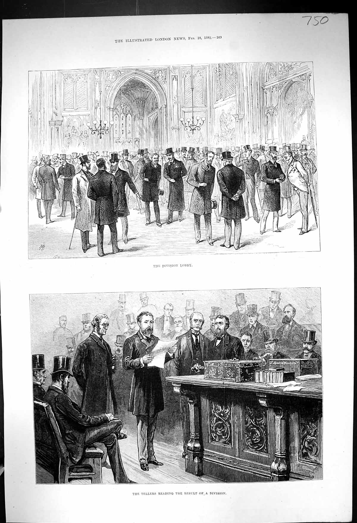 Old 1882 Scene Division Lobby House Commons Tellers Reading Result Di Victorian