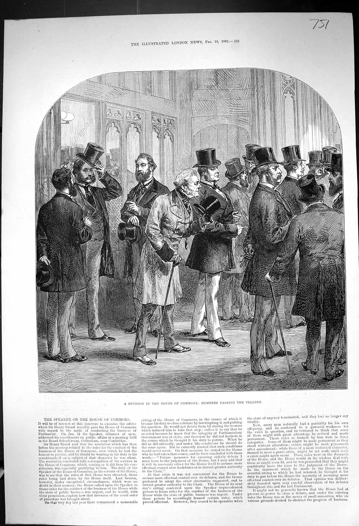 Old Print 1882 Division House Commons Parliament Members Passing Tellers 19th