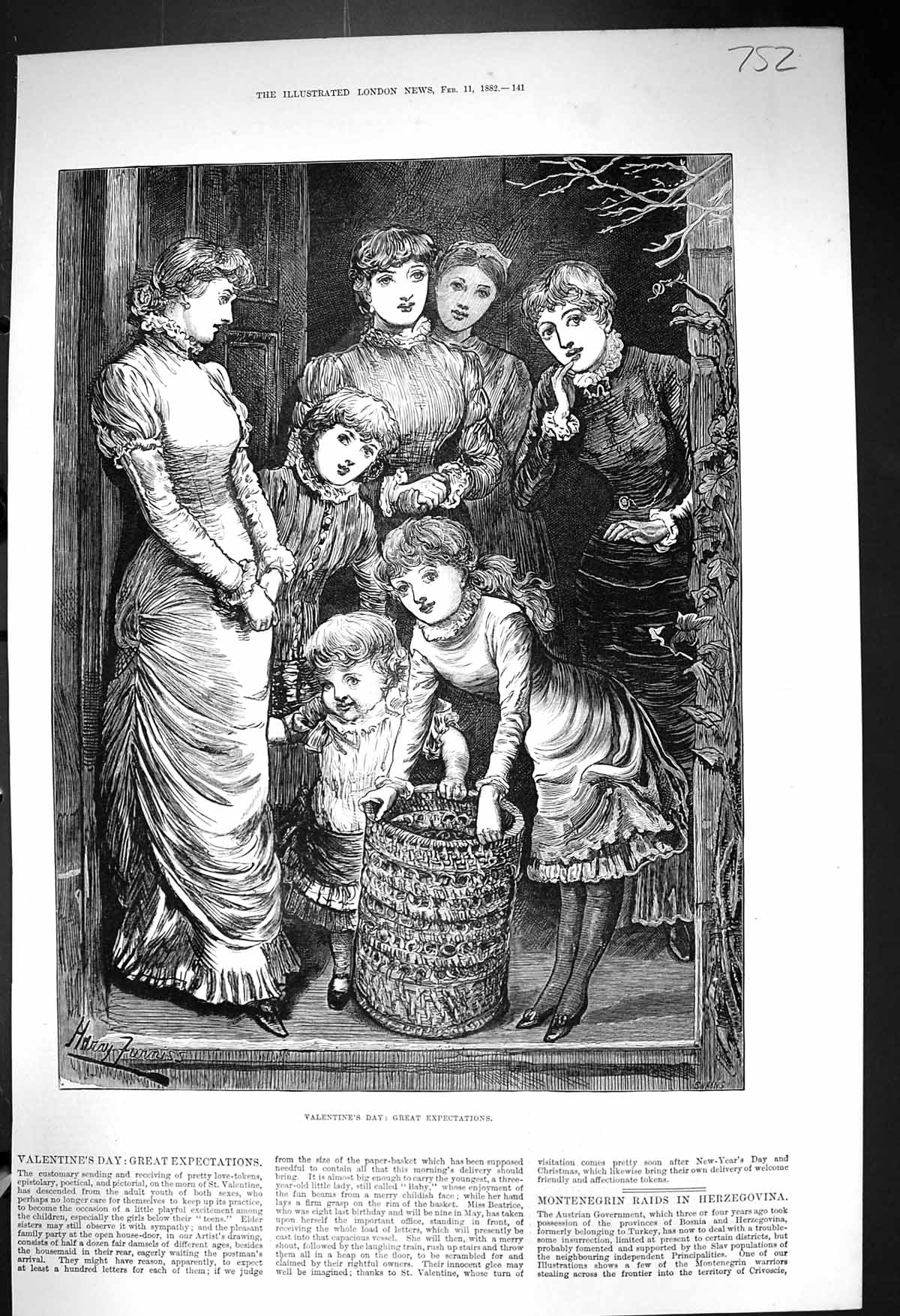Old 1882 Valentines Day Great Expectations Girls Waiting Postman Hous Victorian