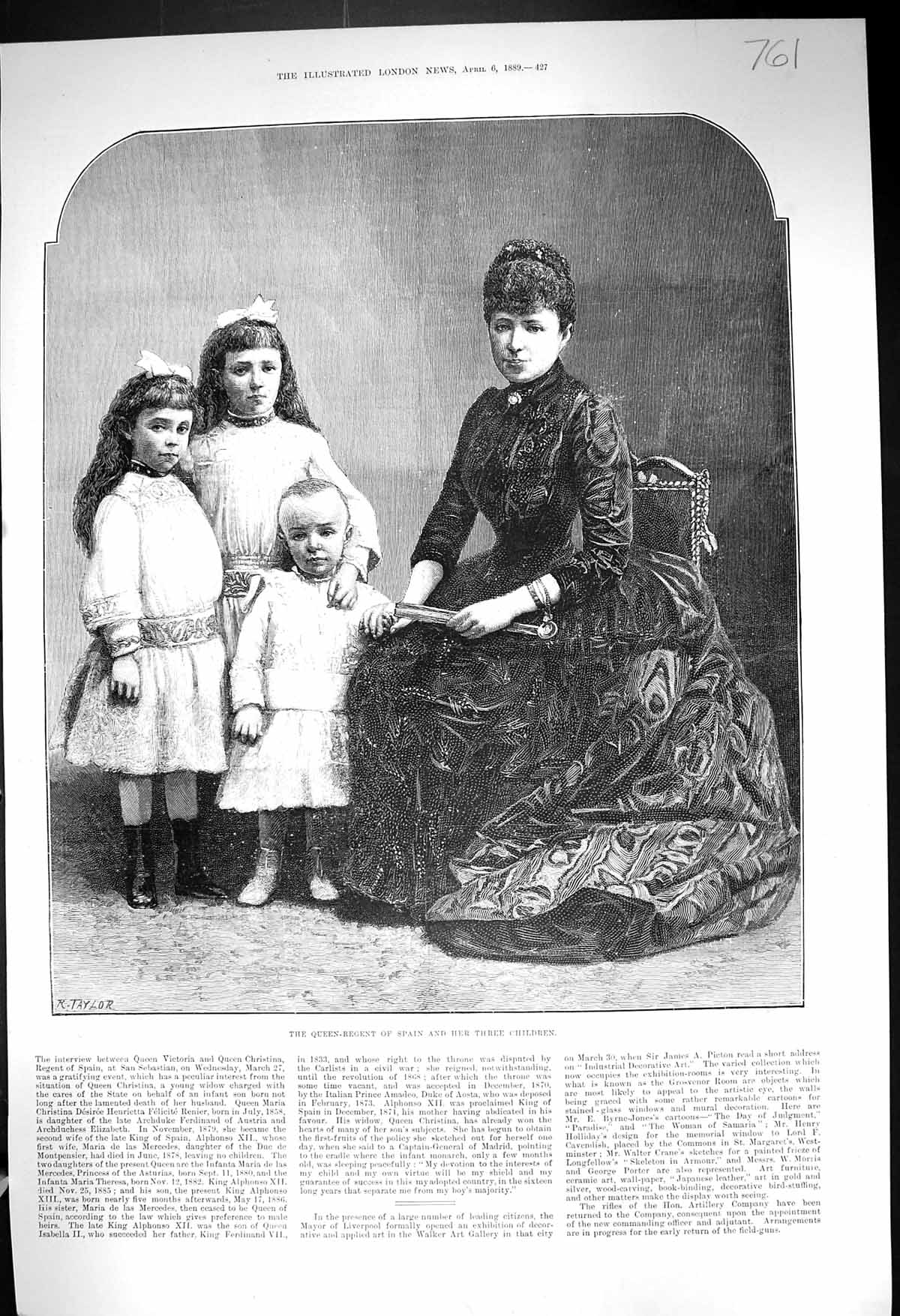 Original Old Antique Print 1889 Portrait Queen-Regent Christina Spain Children