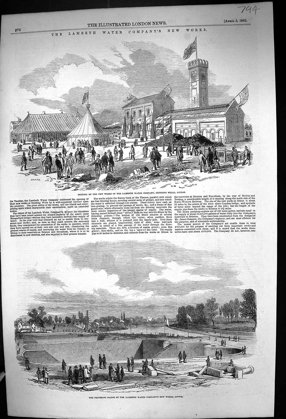 Old Print 1852 Lambeth Water Works Seething Wells Ditton Filtering Basins 19th