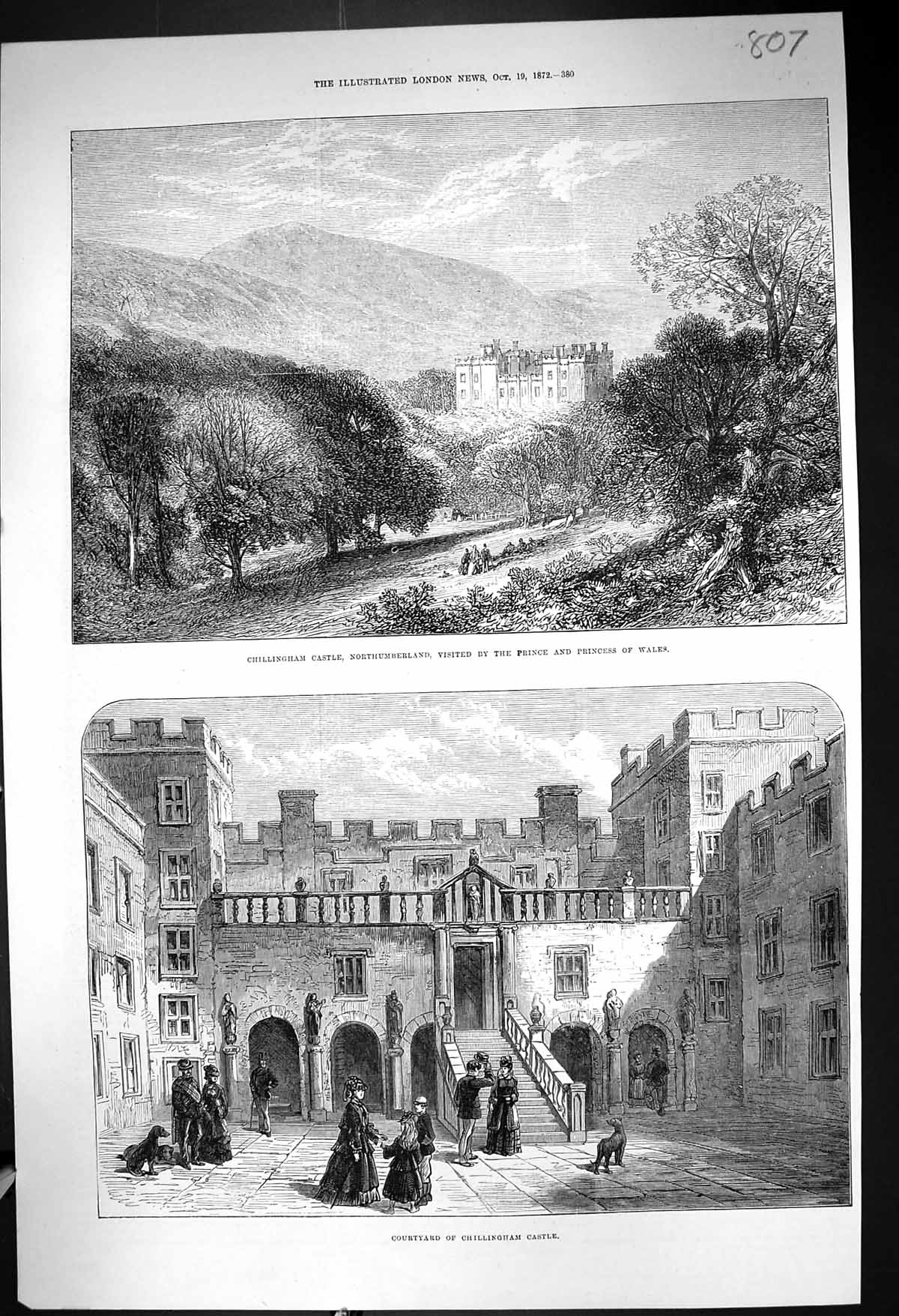 Antique Print 1872 Chillingham Castle Northumberland Courtyard Prince Wales