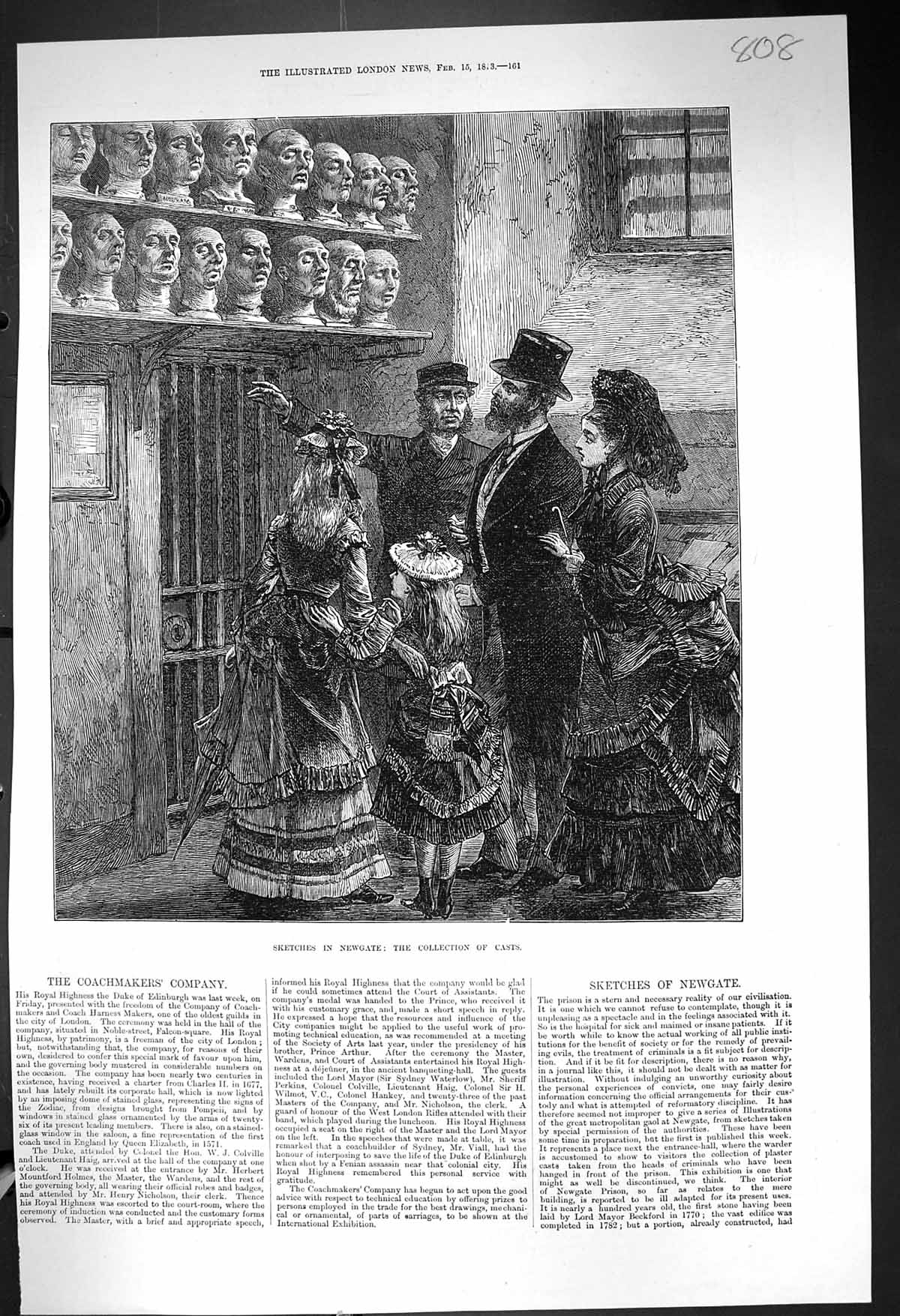 Original Old Antique Print 1873 Newgate Prison Collection Casts Heads Victorian