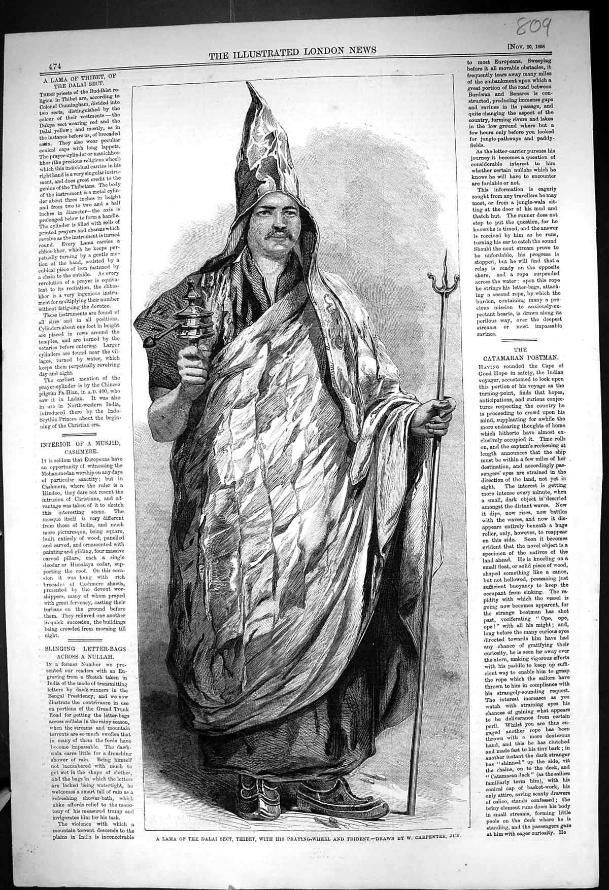 Antique Old Print 1858 Lama Dalai Sect Thibet Praying-Wheel Trident Carpenter